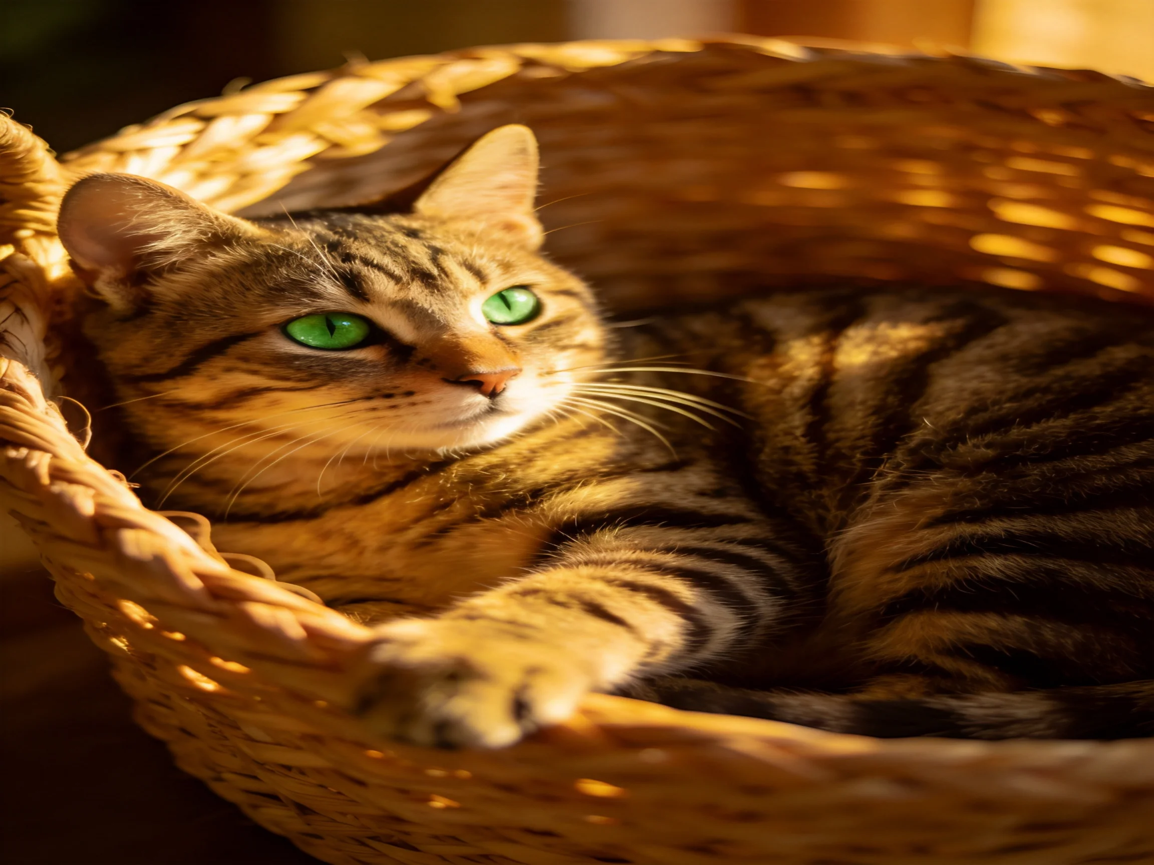 A tabby cat with green eyes relaxes inside a wicker basket
