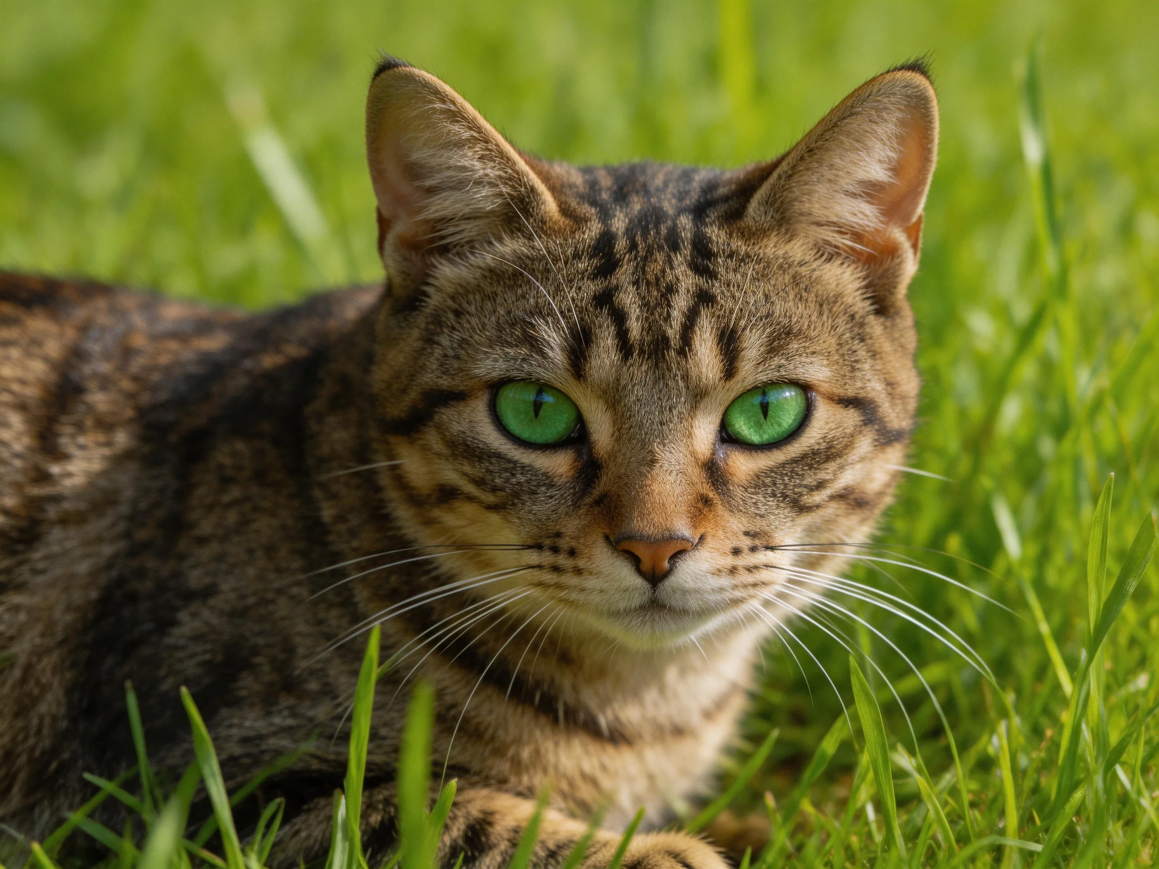 A tabby cat with bright green eyes lies in lush green grass.