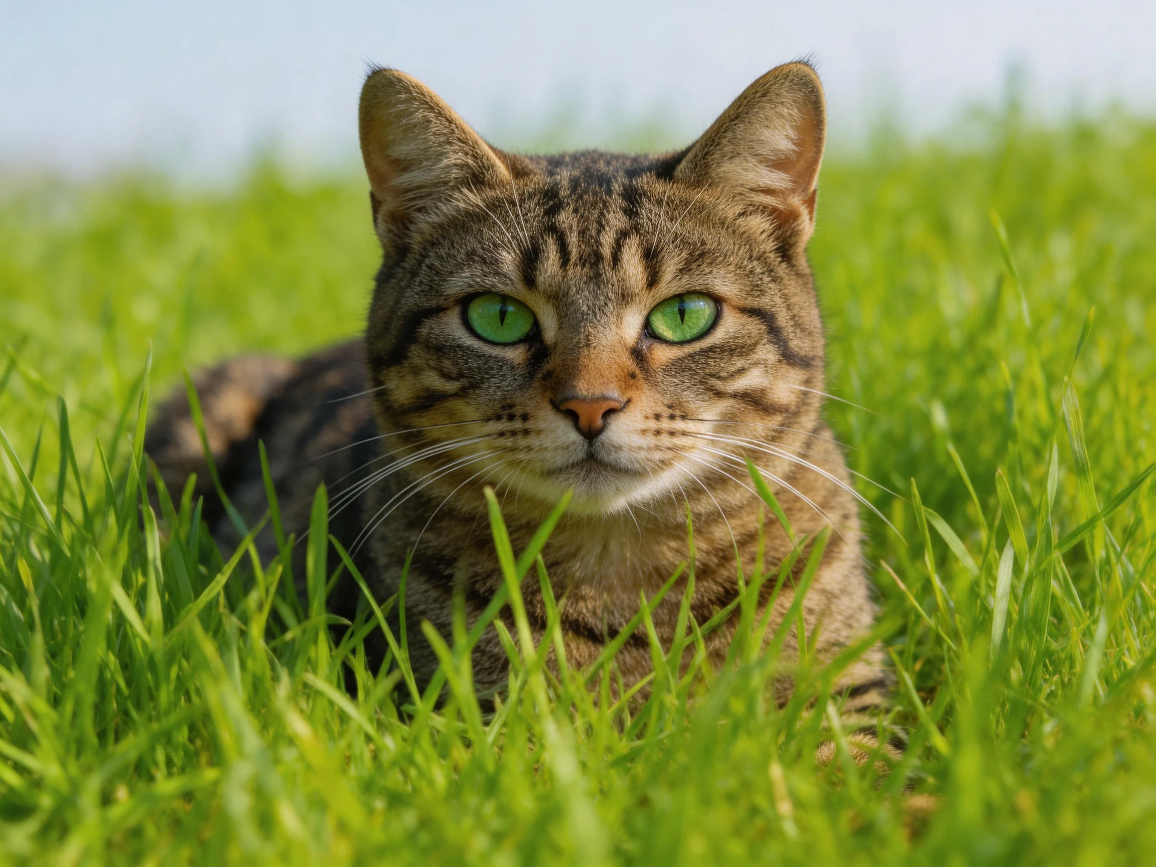A tabby cat with green eyes lies calmly among tall green grass.