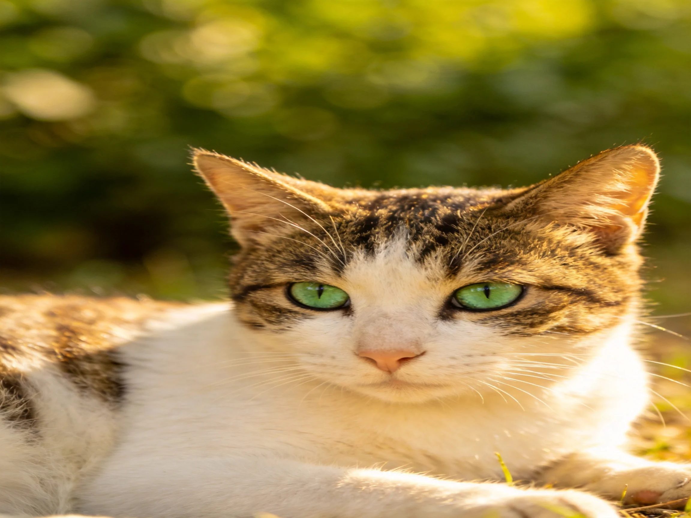 A cat with bright green eyes relaxes in a sunlit outdoor area.