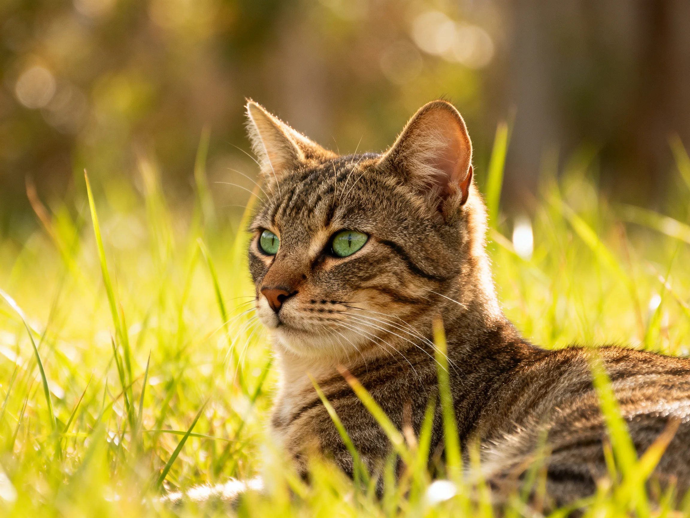 A tabby cat with green eyes relaxes in sunlit grass.