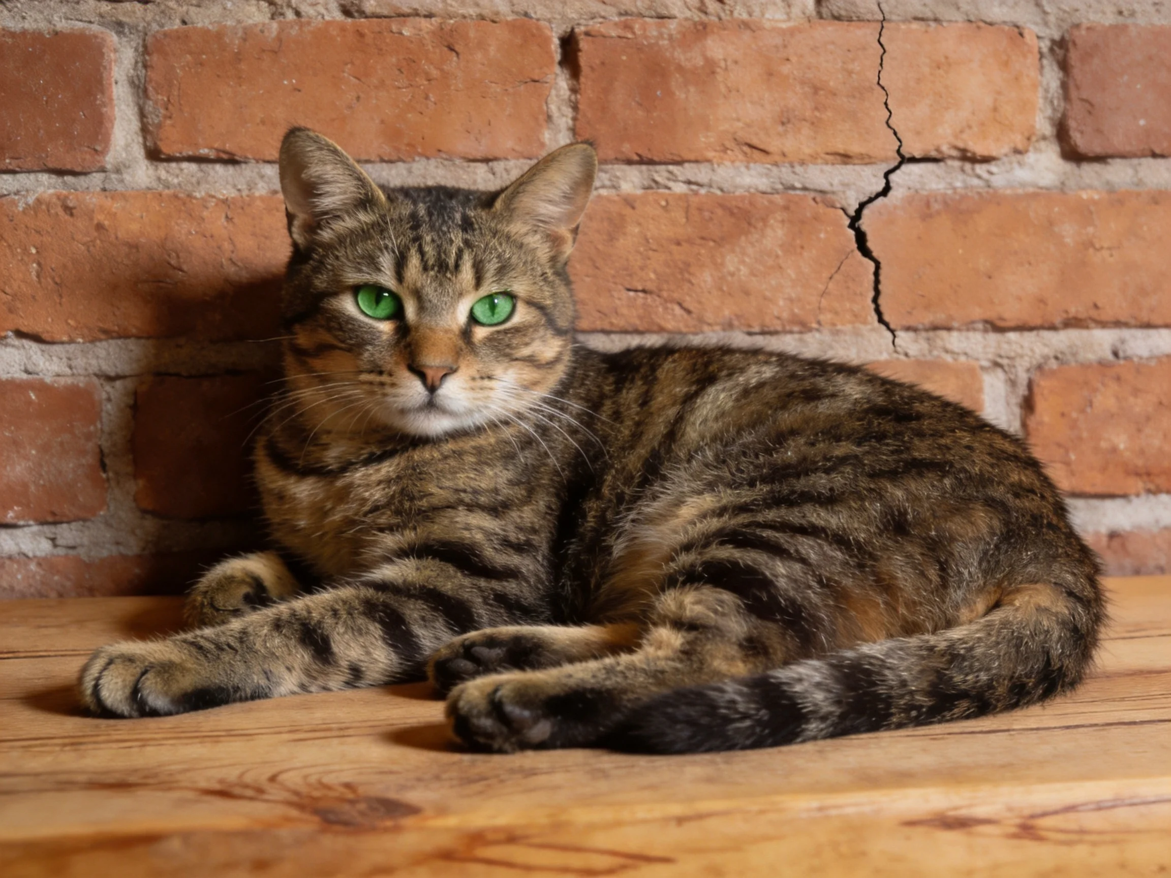 A tabby cat with green eyes relaxes beside a cracked brick wall.