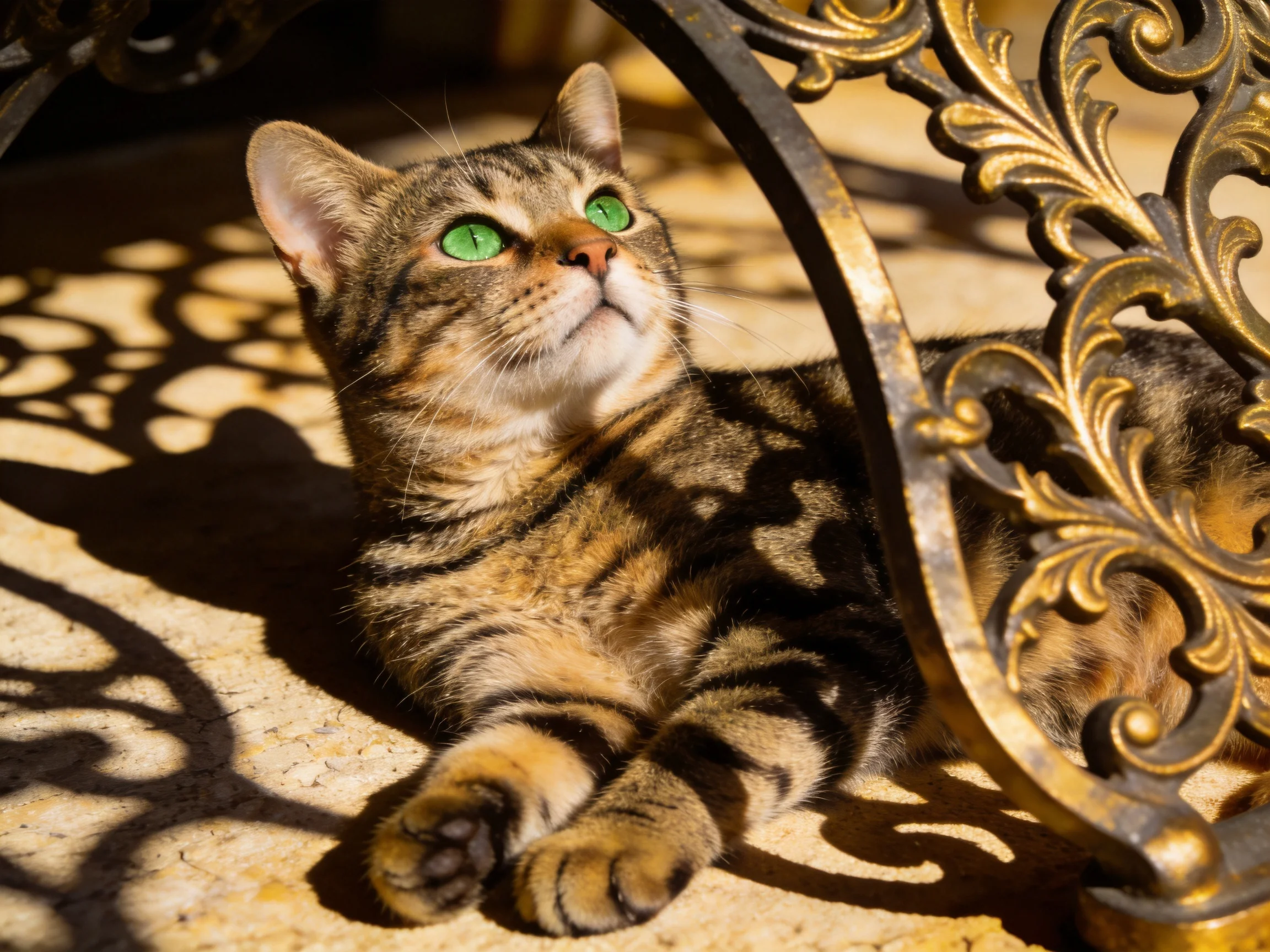 A tabby cat with green eyes relaxes beside an ornate metal structure in sunlight.