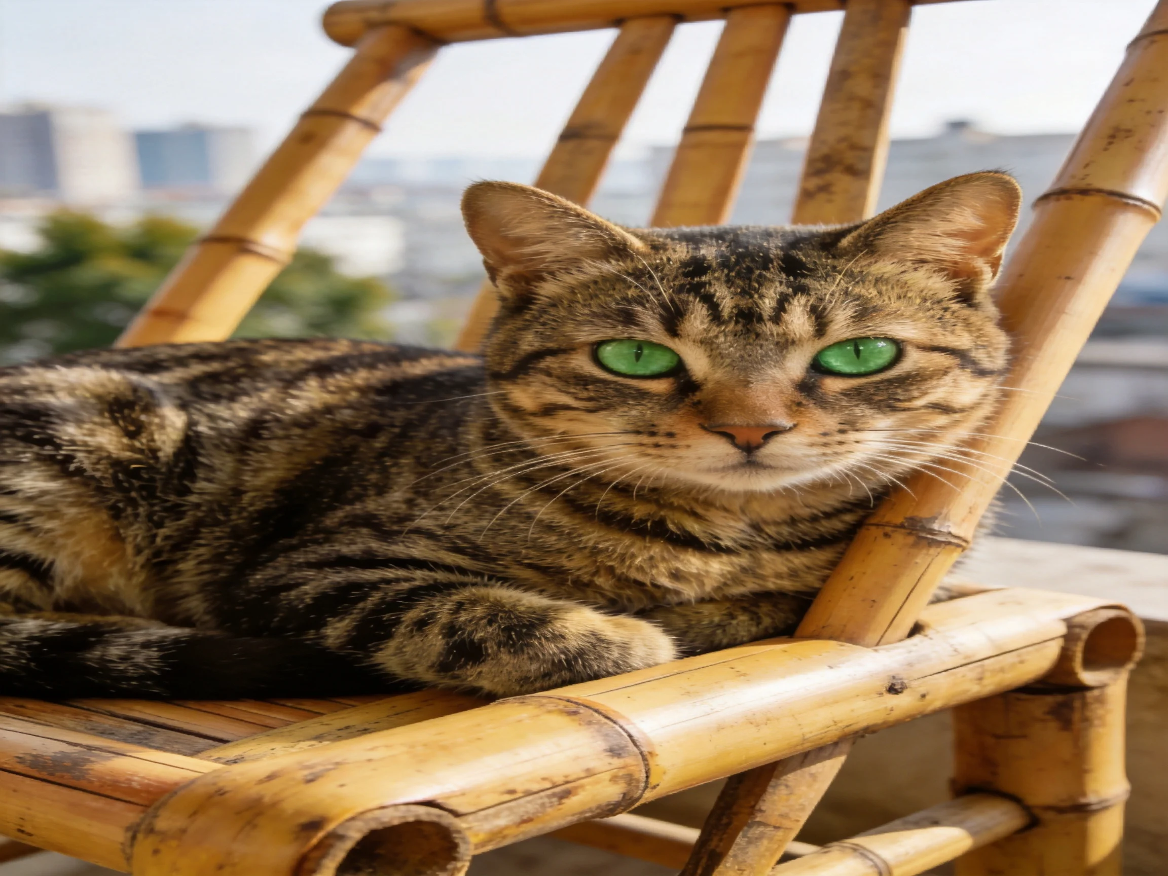 A tabby cat relaxes on a bamboo chair in an outdoor area.