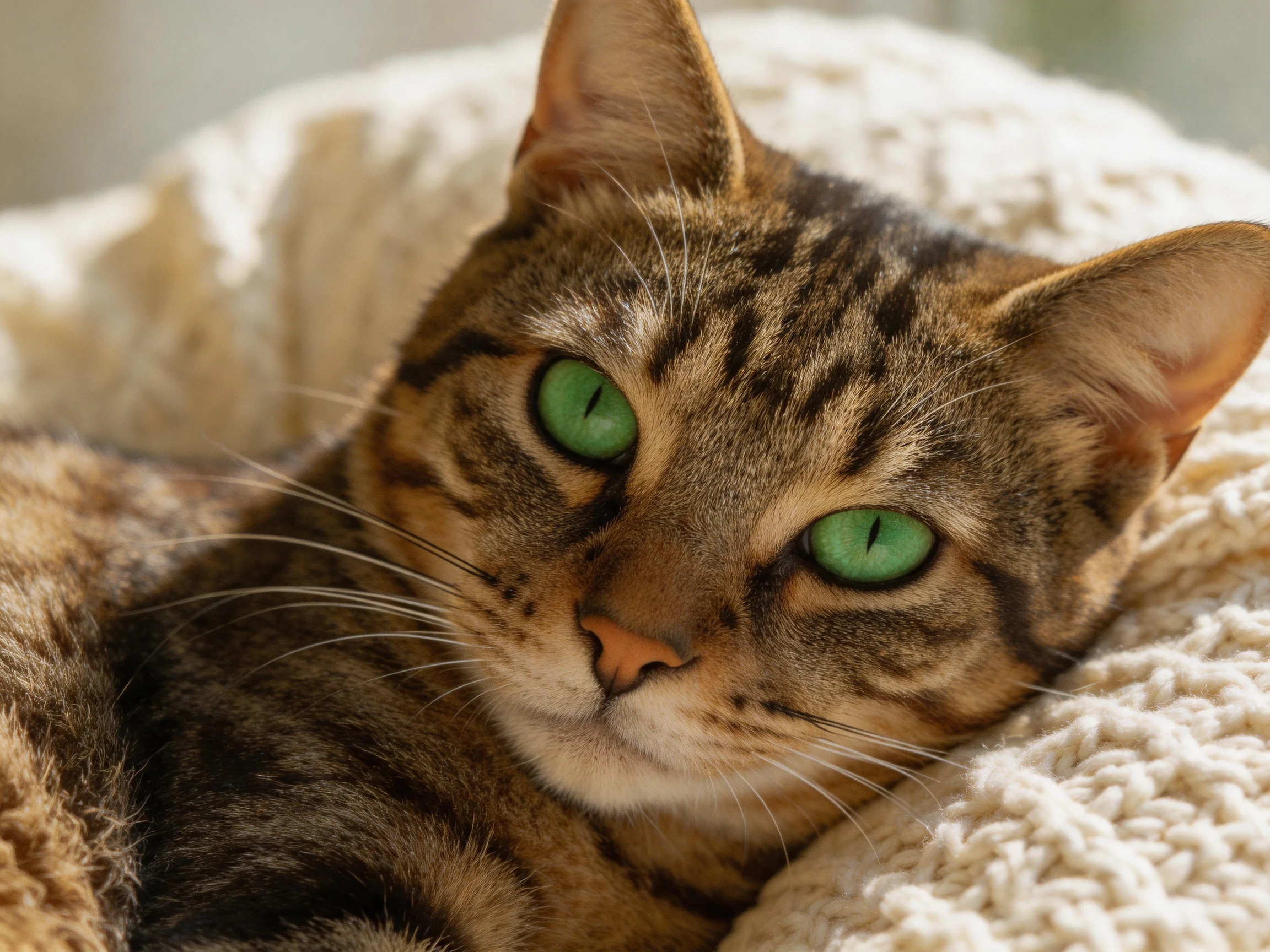 A tabby cat with vivid green eyes relaxes on a soft cream blanket.