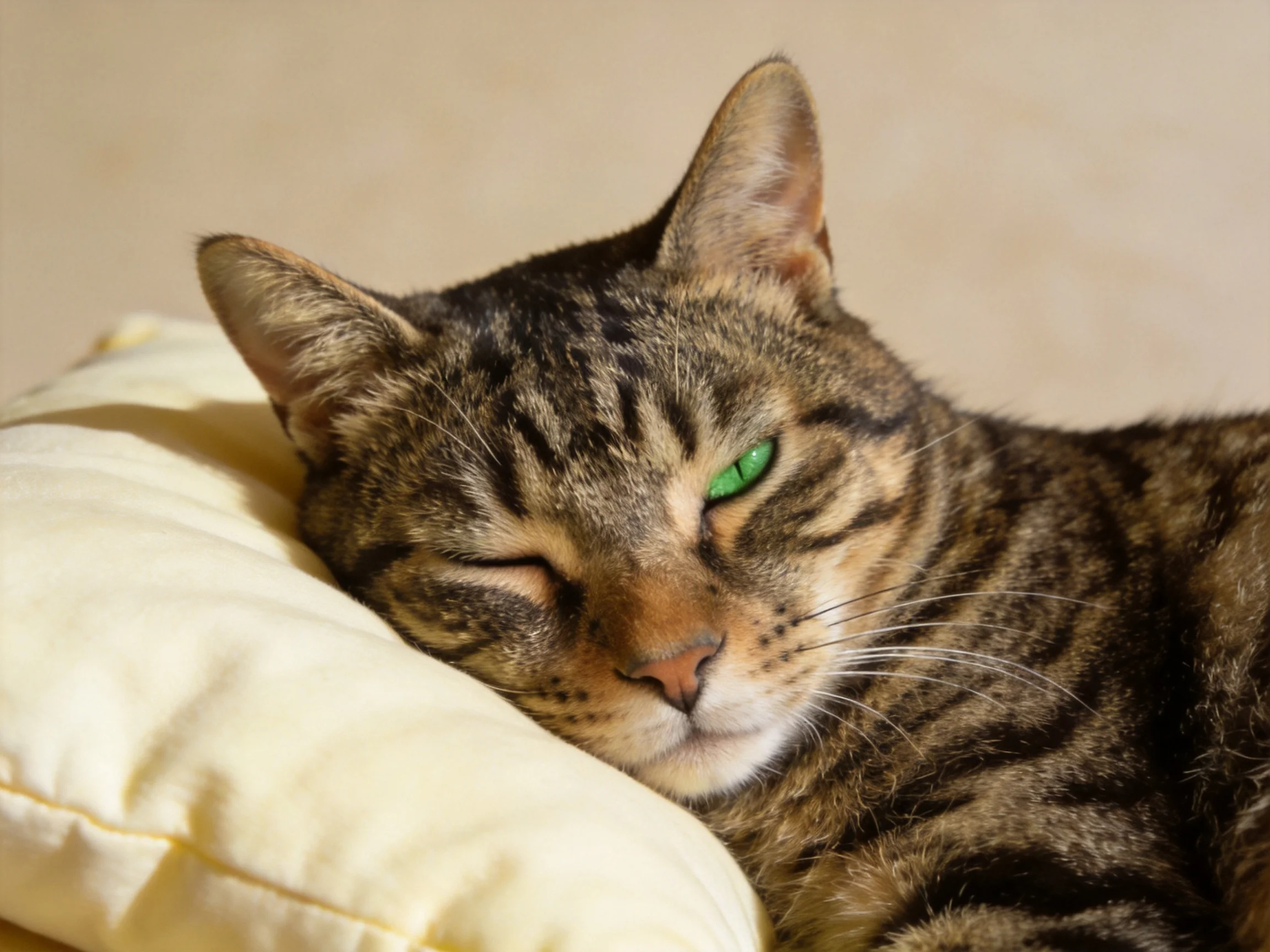 A tabby cat with green eyes relaxes on a soft pillow.