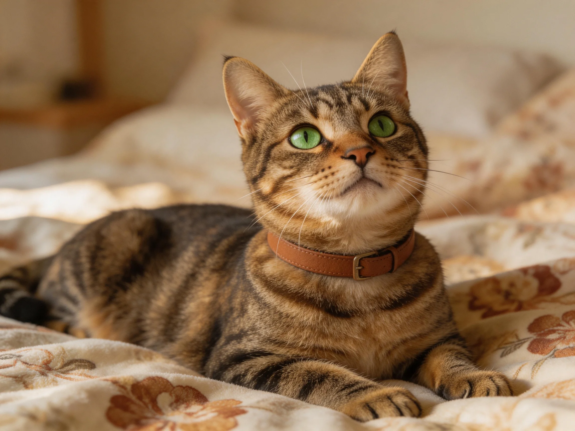 A tabby cat with green eyes relaxes on a bedspread.