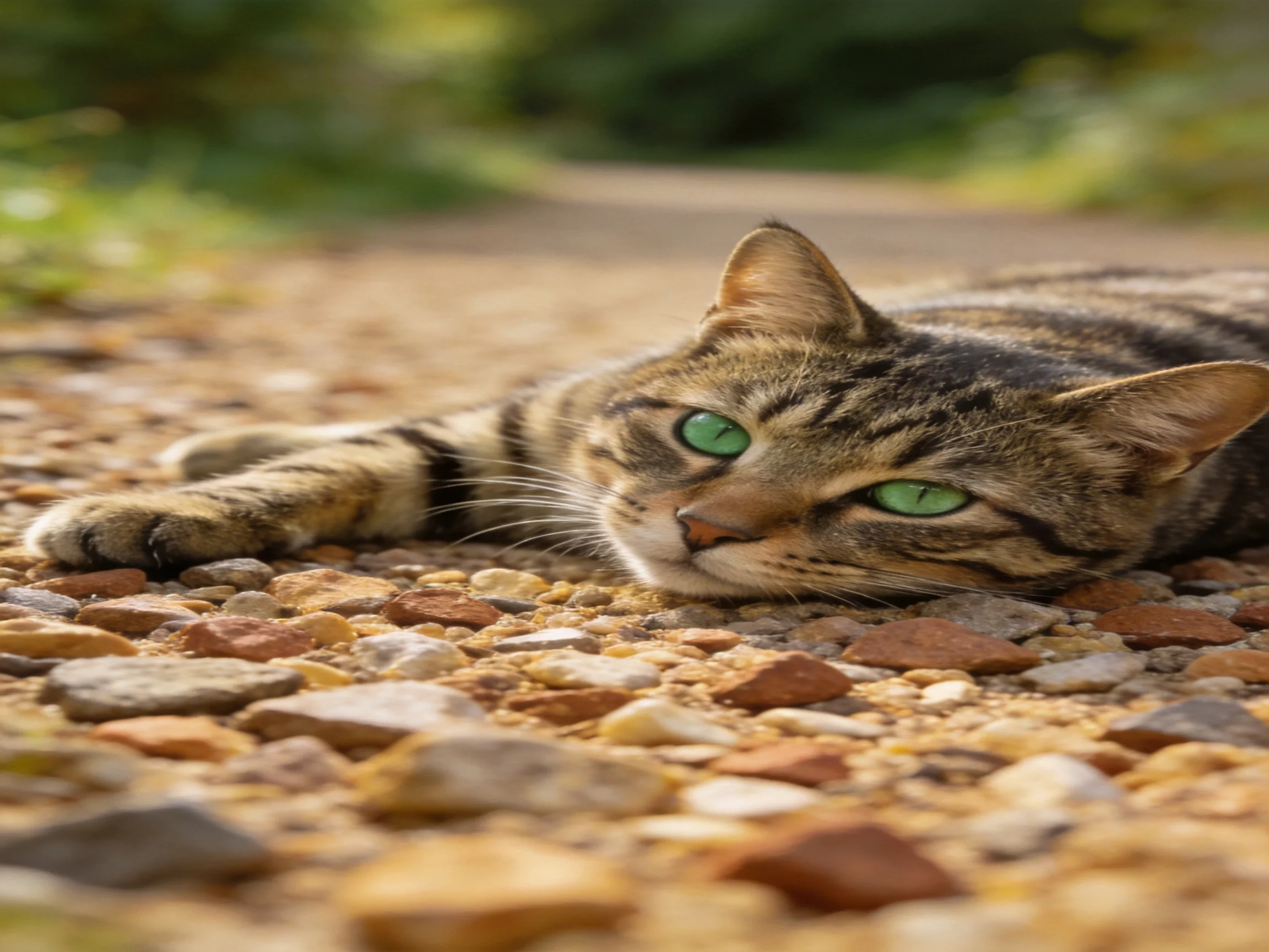 A tabby cat with green eyes relaxes on a gravelly surface outdoors.