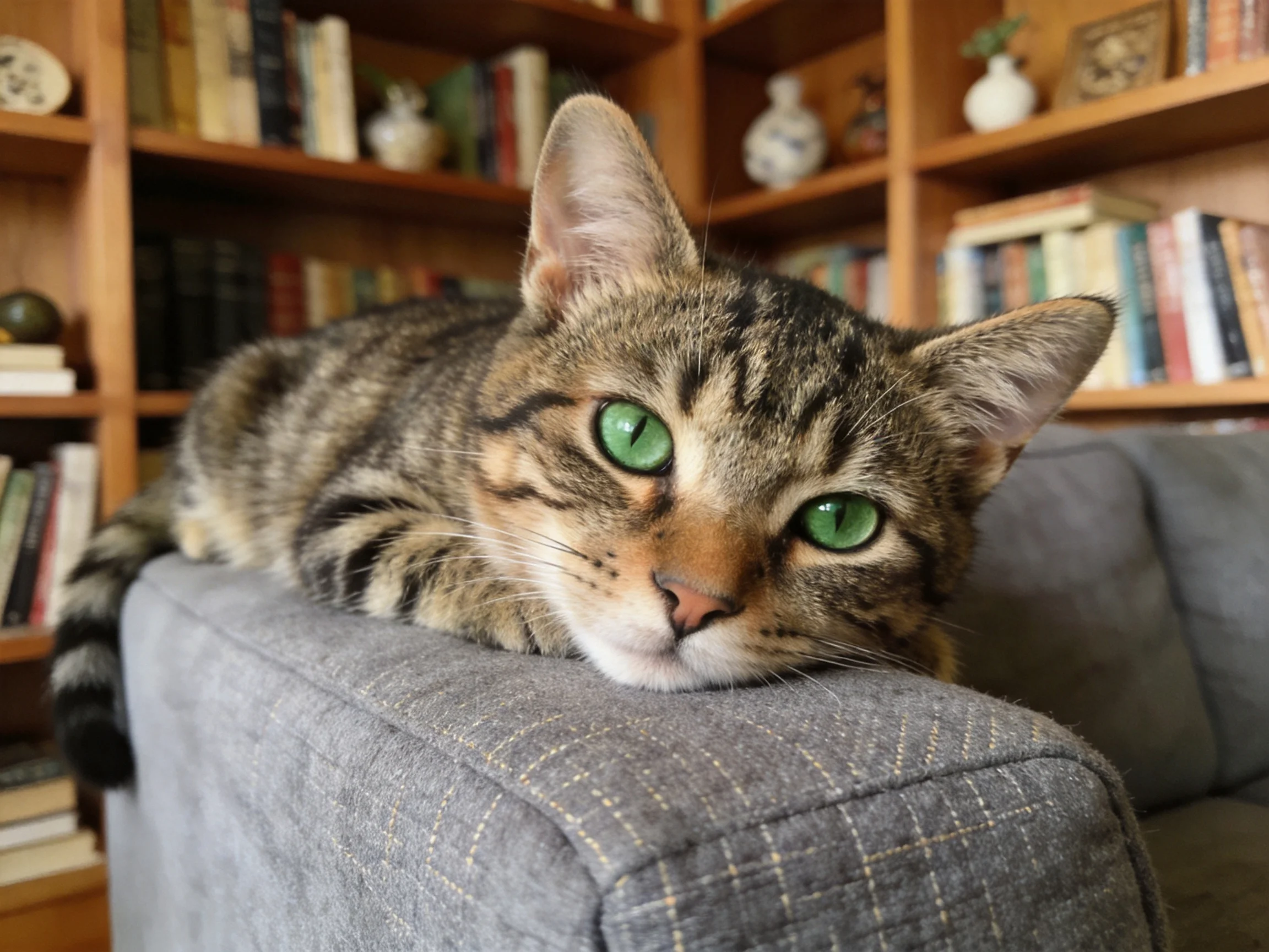 A tabby cat with green eyes relaxes on a gray couch beside bookshelves