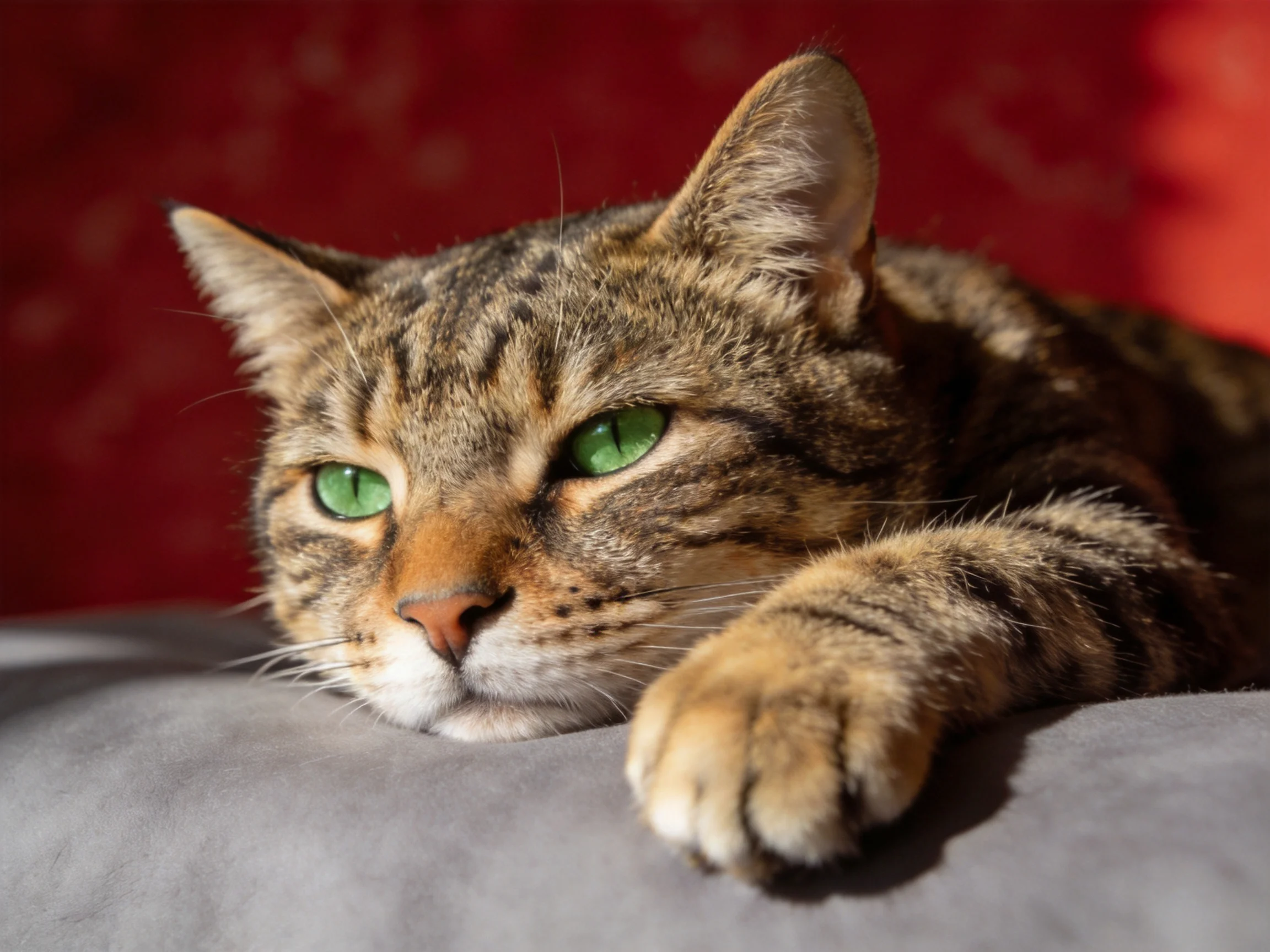 A tabby cat with green eyes relaxes on a gray cushion near a red background.