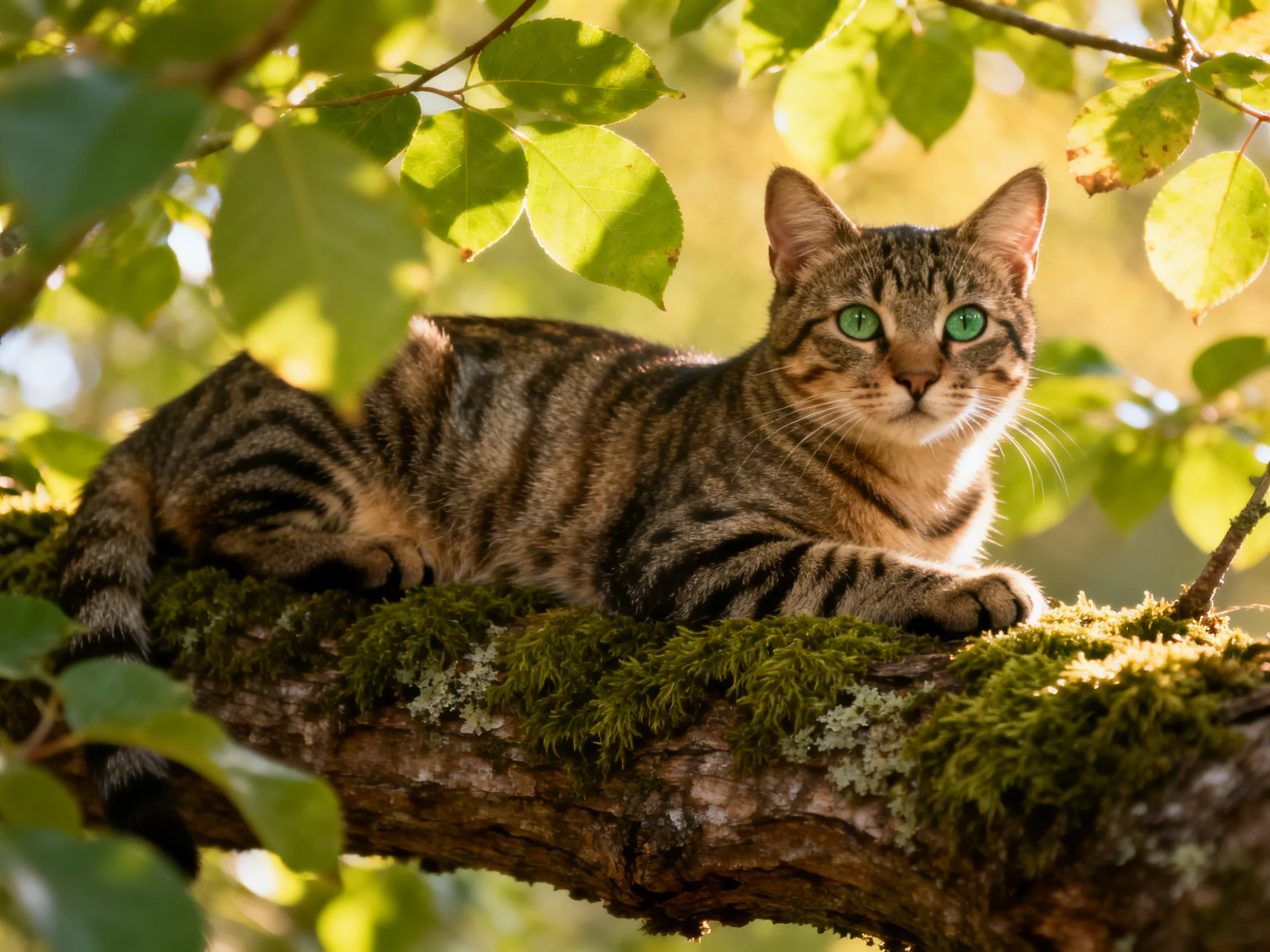 A tabby cat with green eyes relaxes on a mossy tree branch surrounded by green leaves.