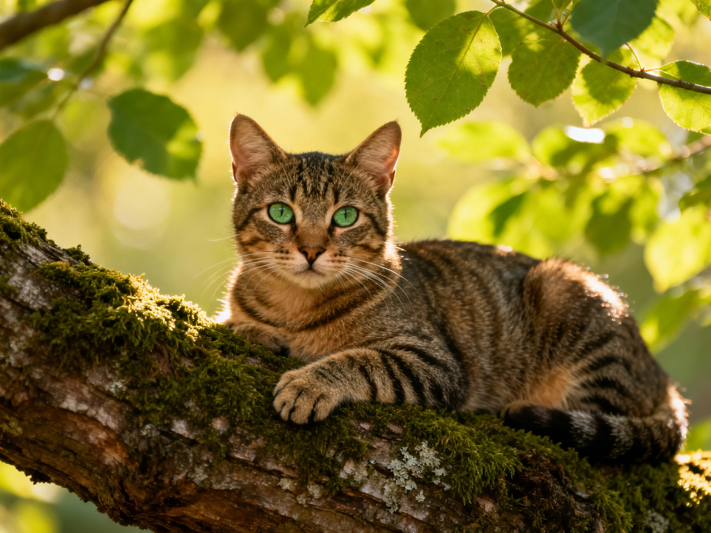 A tabby cat with green eyes relaxes on a mossy tree branch