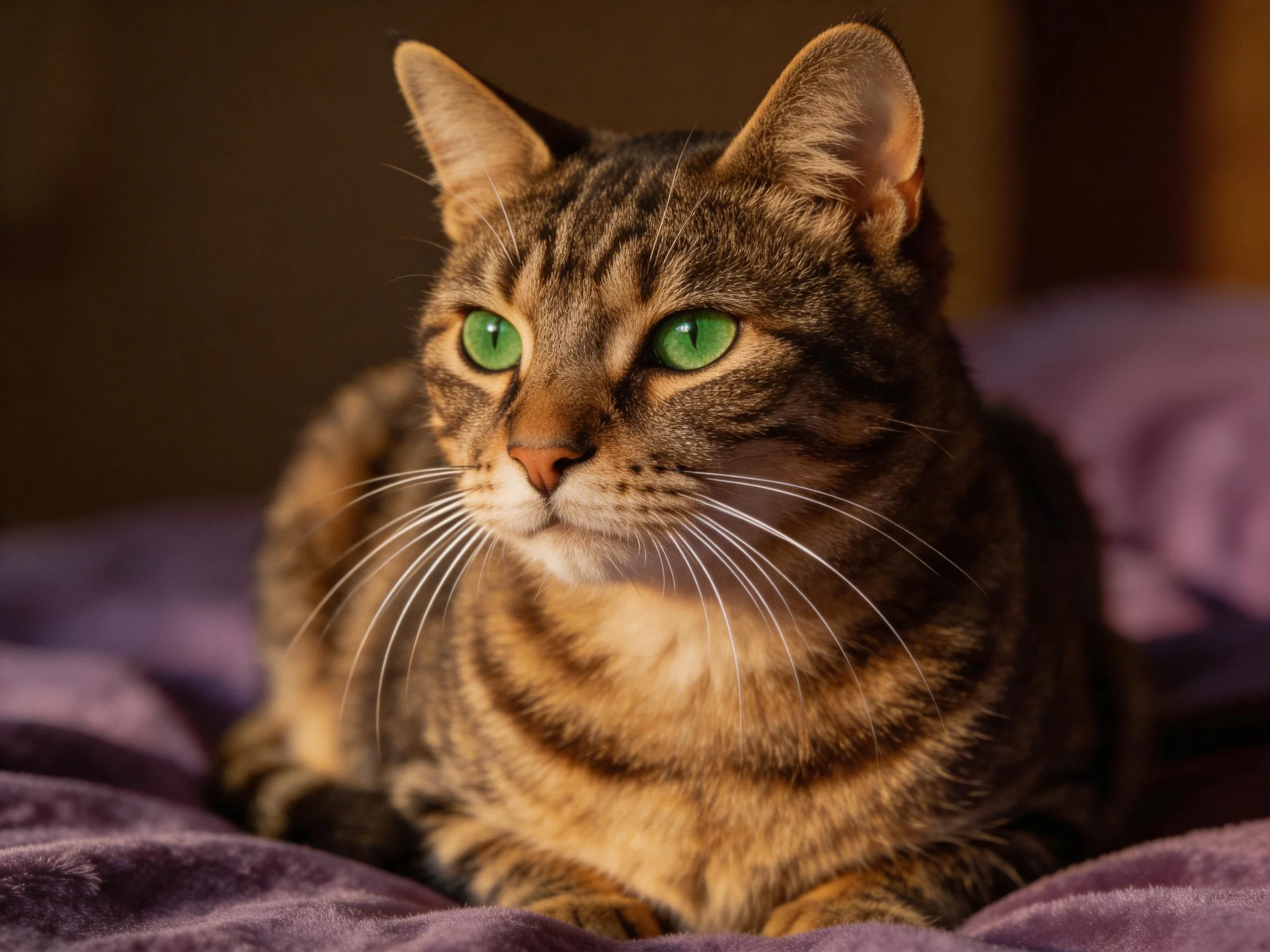 A tabby cat with green eyes rests calmly on a soft purple fabric.