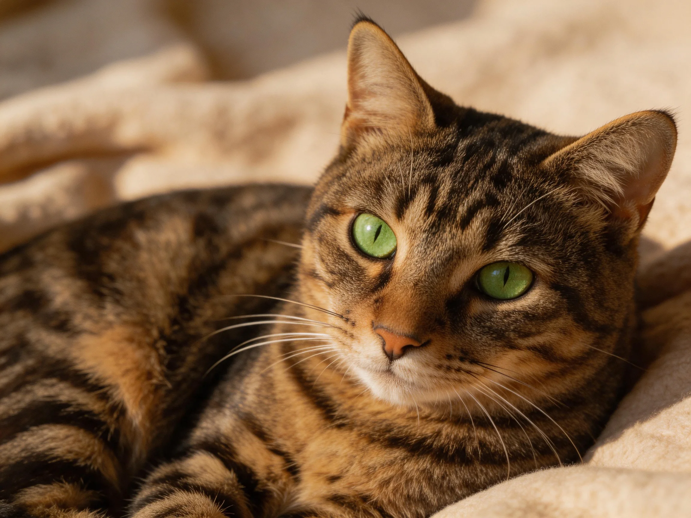 A tabby cat with green eyes relaxes on a soft blanket.