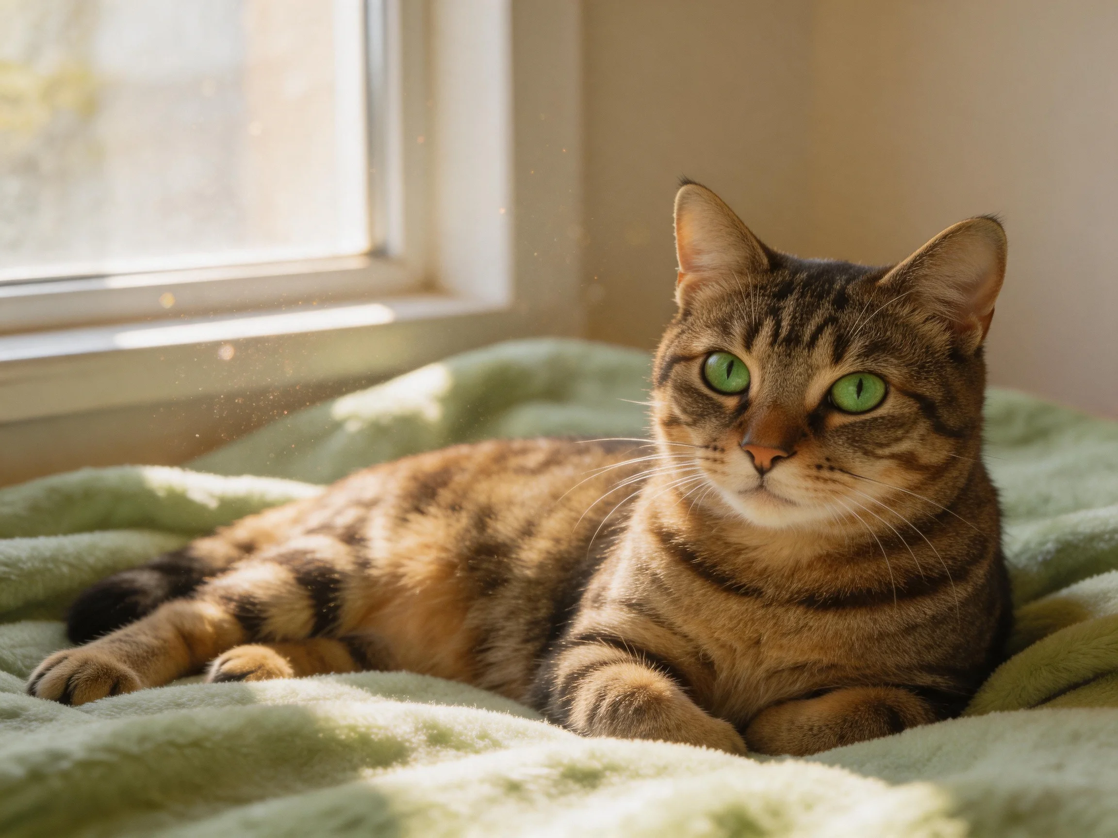 A tabby cat with green eyes relaxes on a green blanket near a sunlit window.