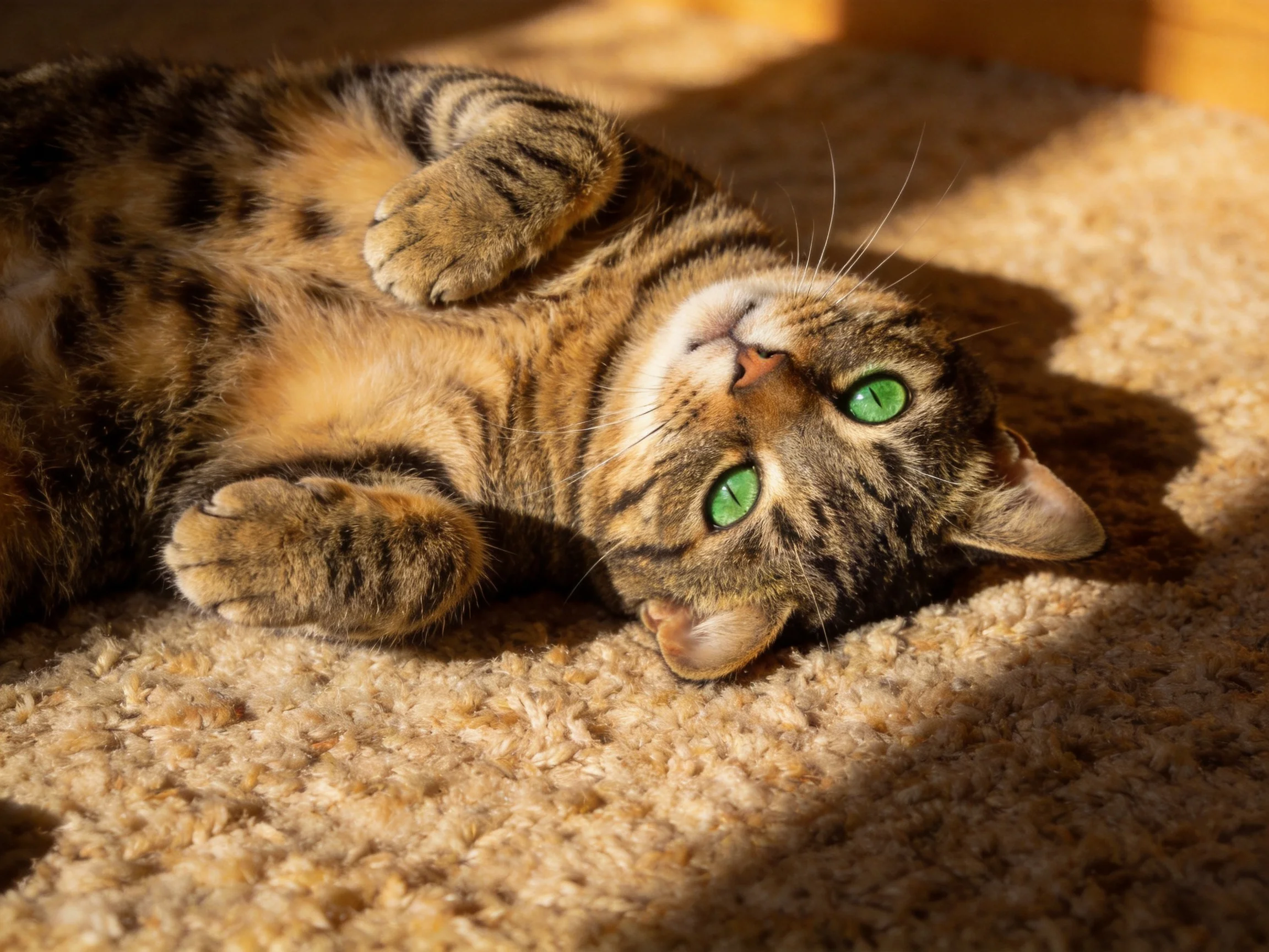 A tabby cat with bright green eyes relaxes on a beige carpet in warm sunlight