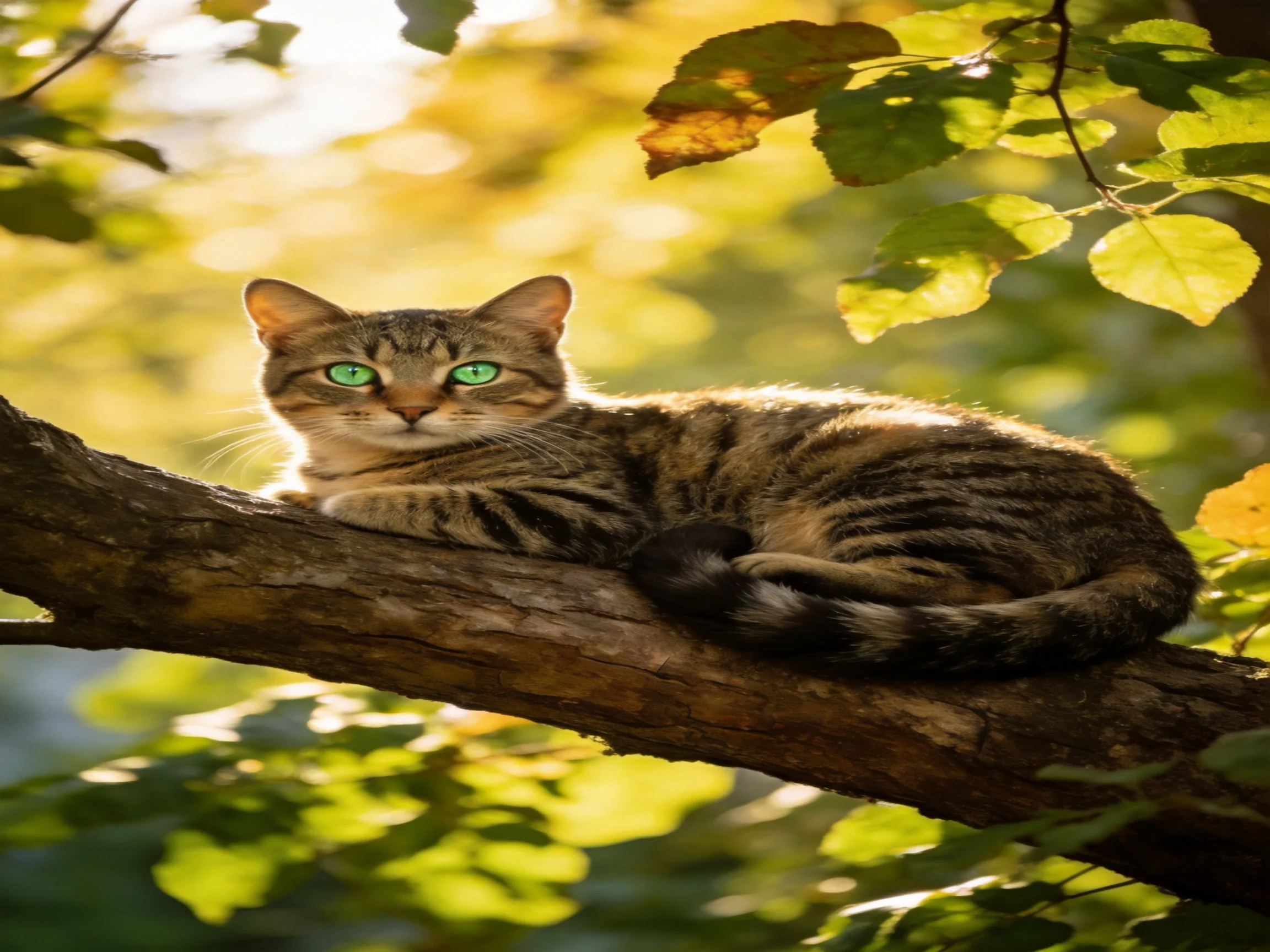 A tabby cat with green eyes relaxes on a tree branch in a sunlit natural setting.