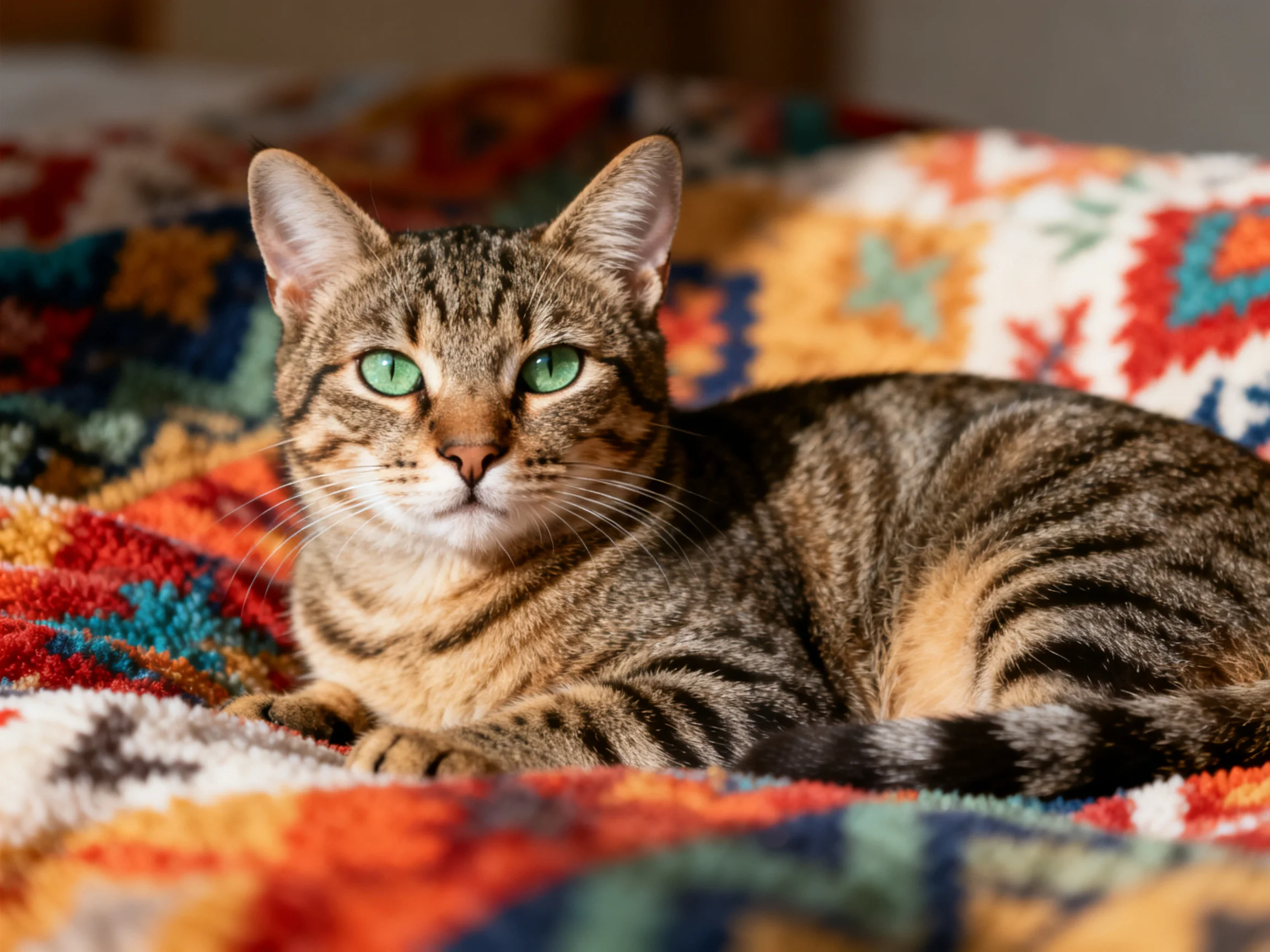 A tabby cat with green eyes relaxes on a colorful blanket.