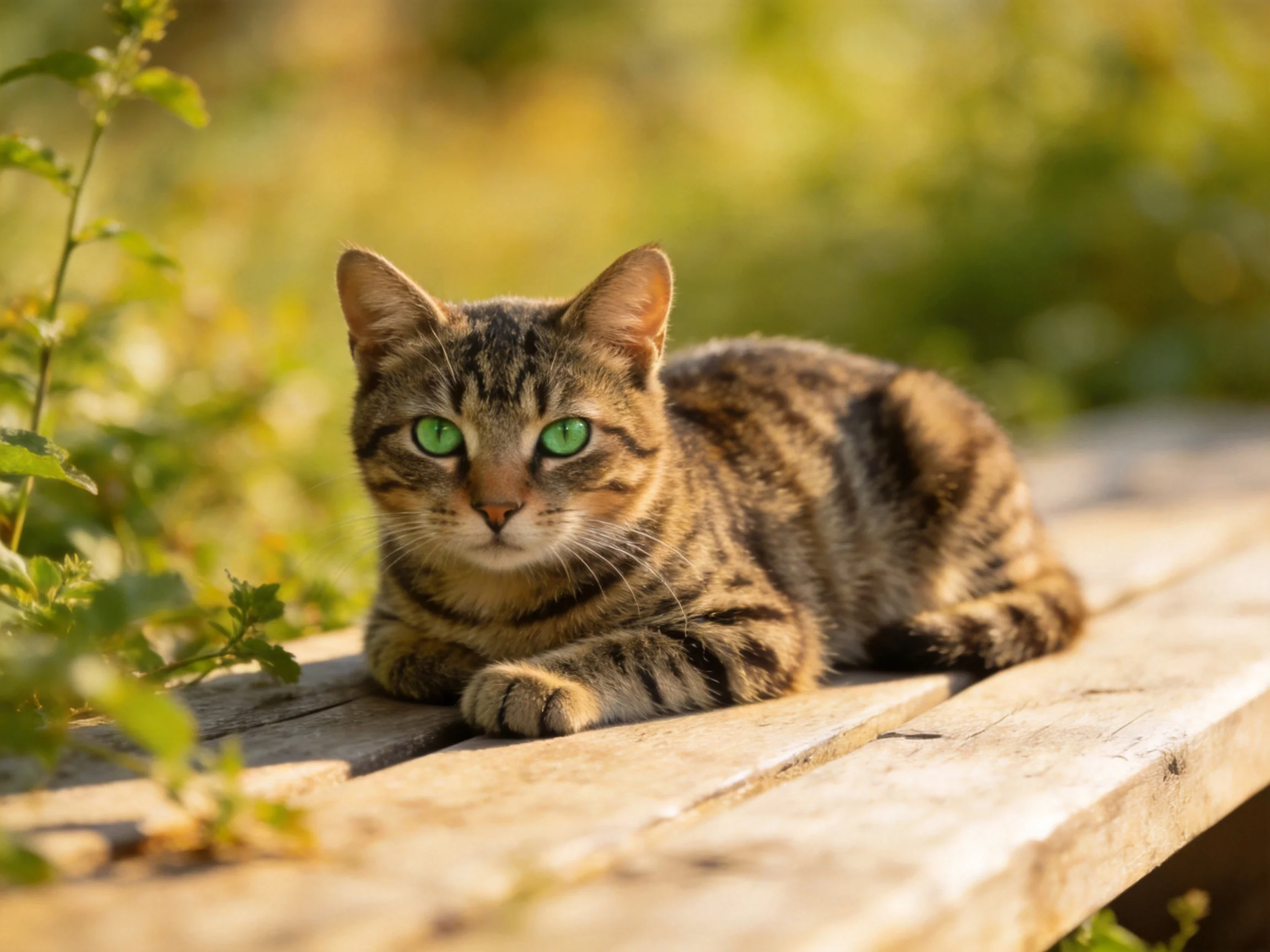 A tabby cat with green eyes relaxes on a wooden bench in a sunlit outdoor space.