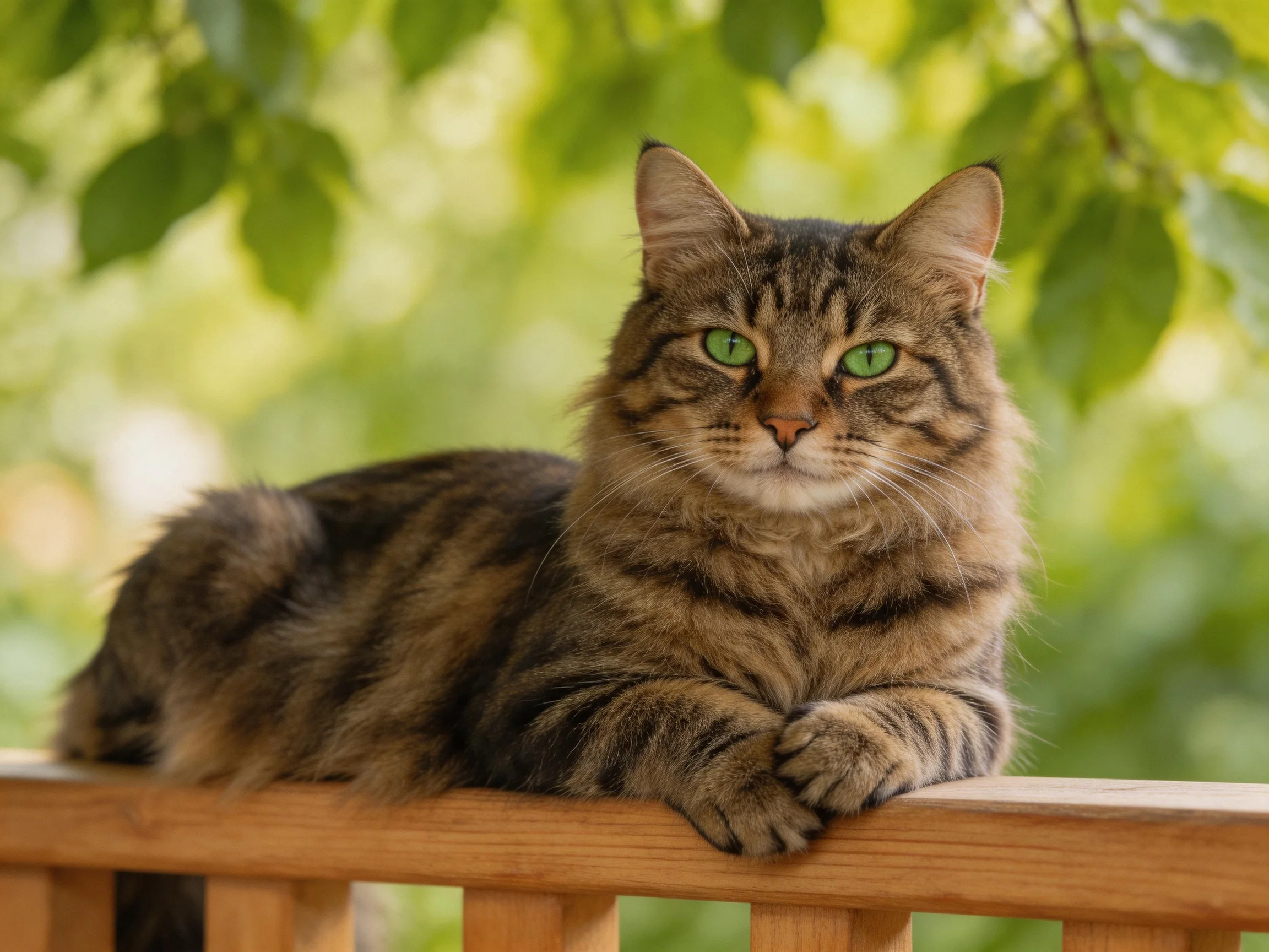A tabby cat with green eyes relaxes on a wooden railing in a sunlit, leafy setting.