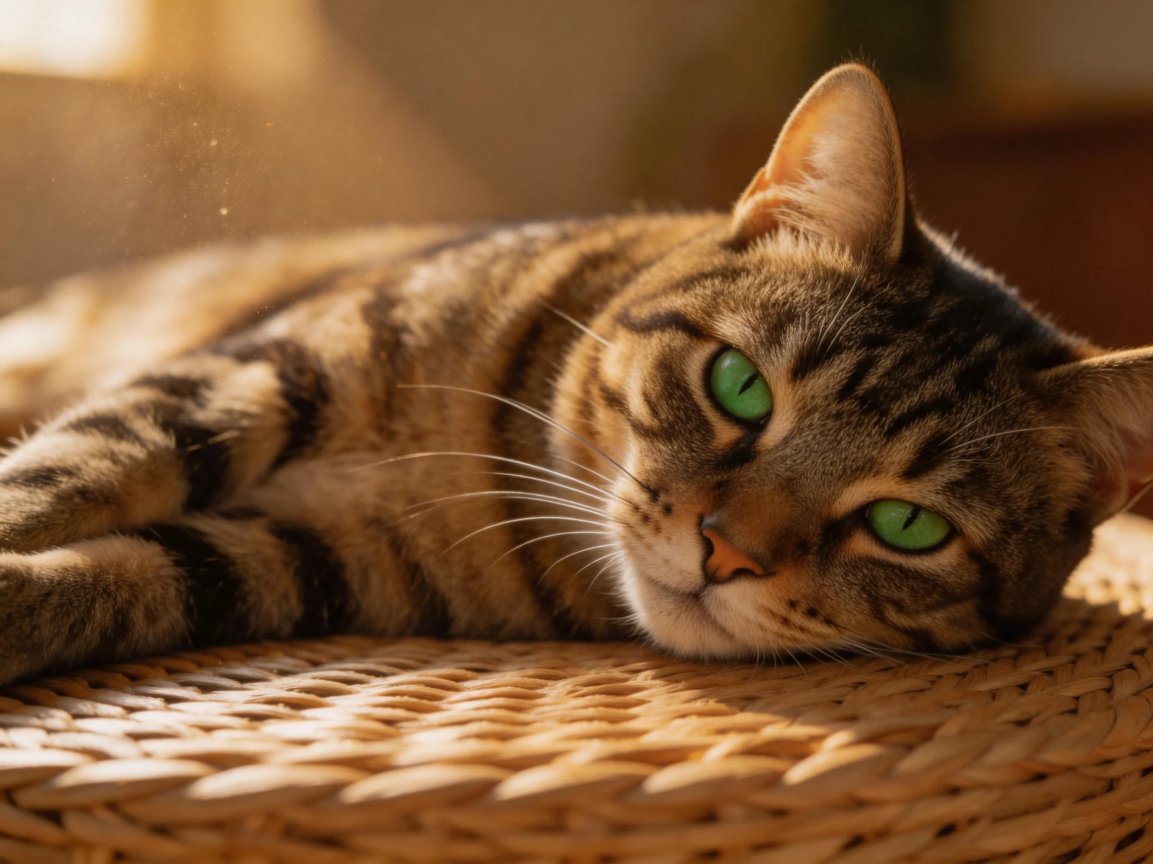 A tabby cat with green eyes relaxes on a woven seat in soft light.