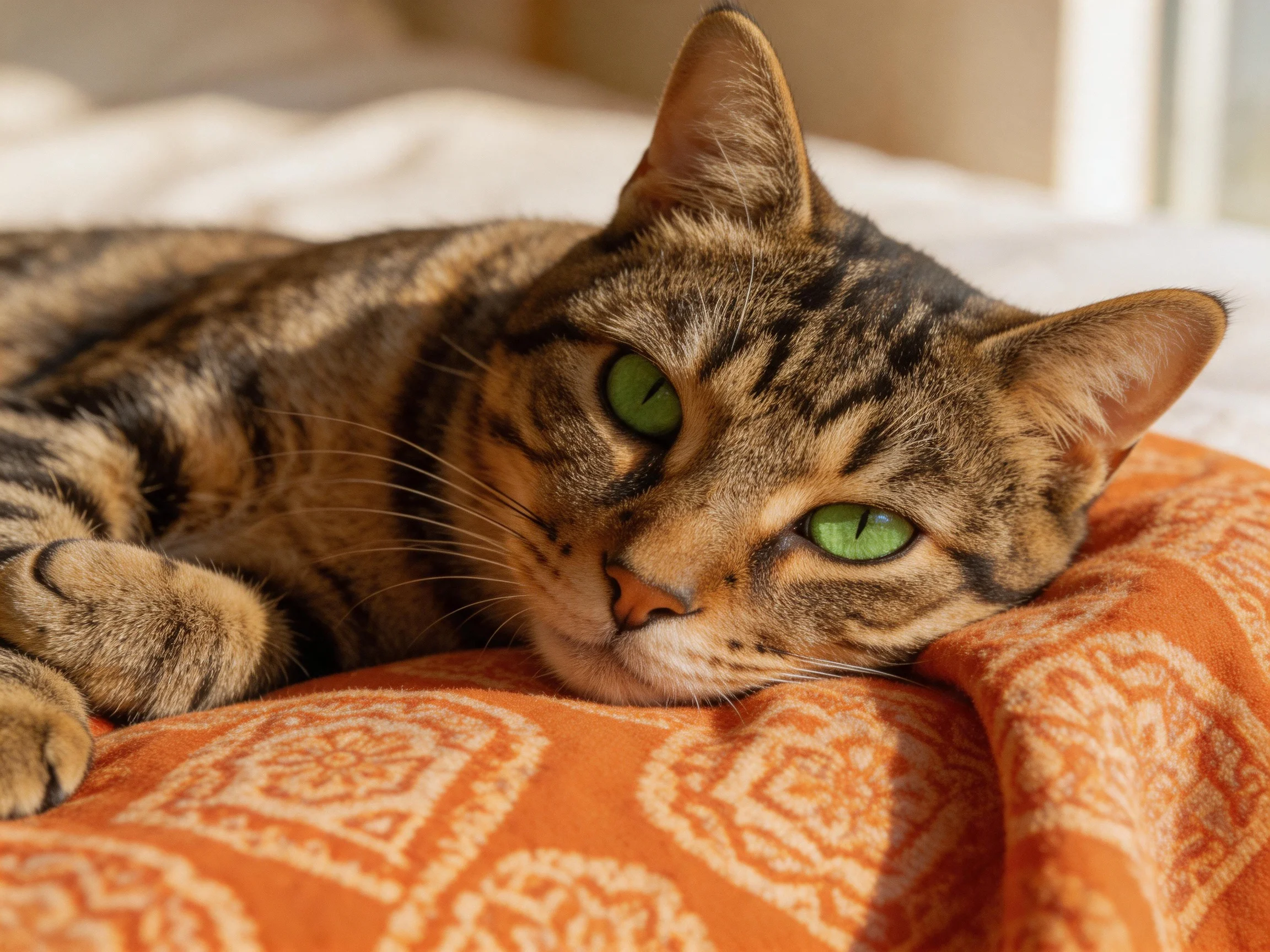 A tabby cat with green eyes relaxes on an orange patterned fabric.