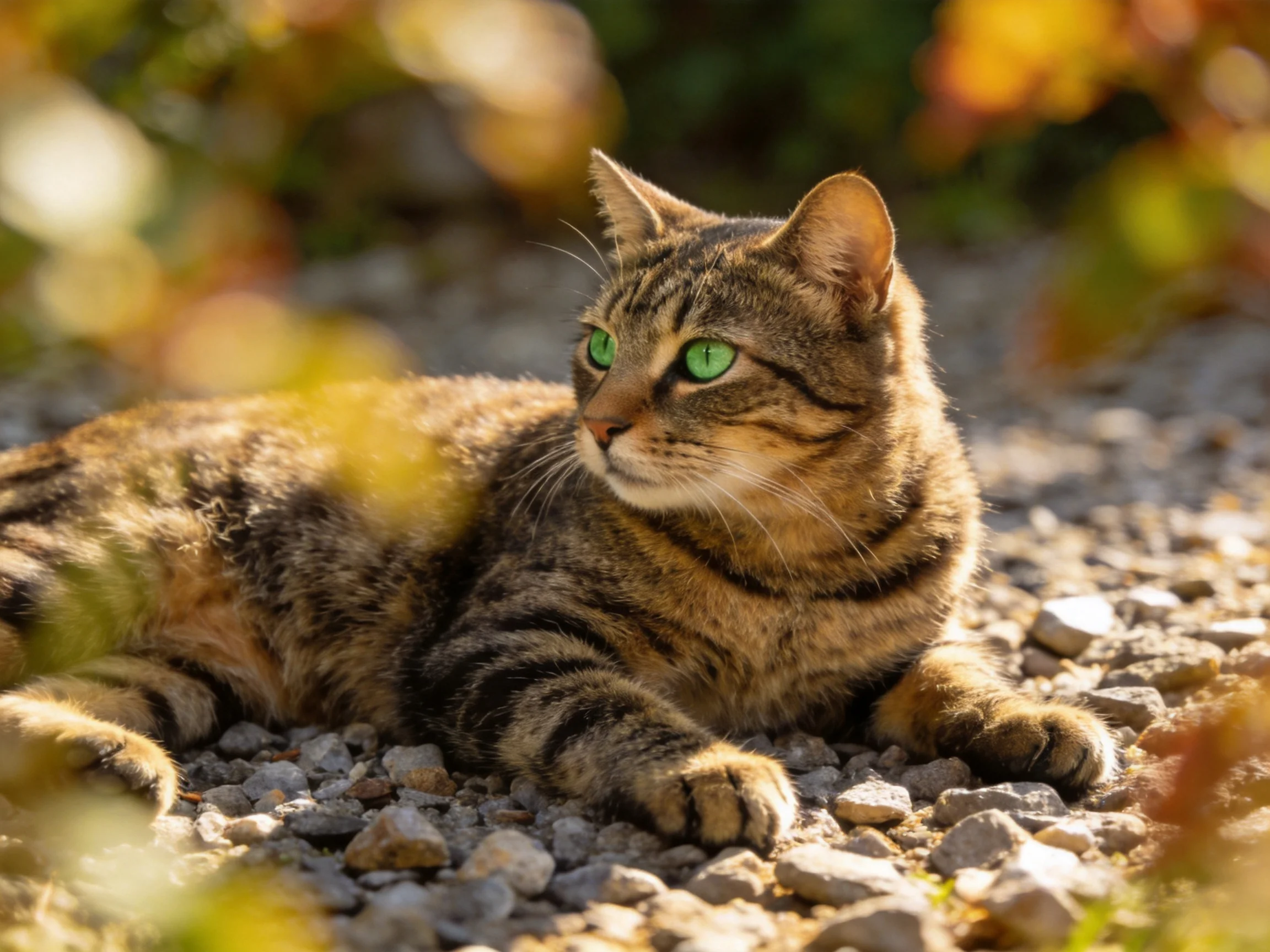 A tabby cat with green eyes relaxes on gravel in a sunlit outdoor area.
