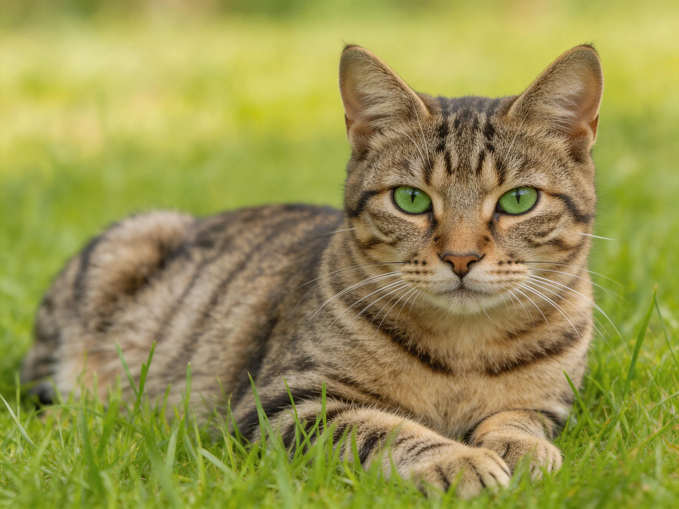 A tabby cat with green eyes relax on green grass.