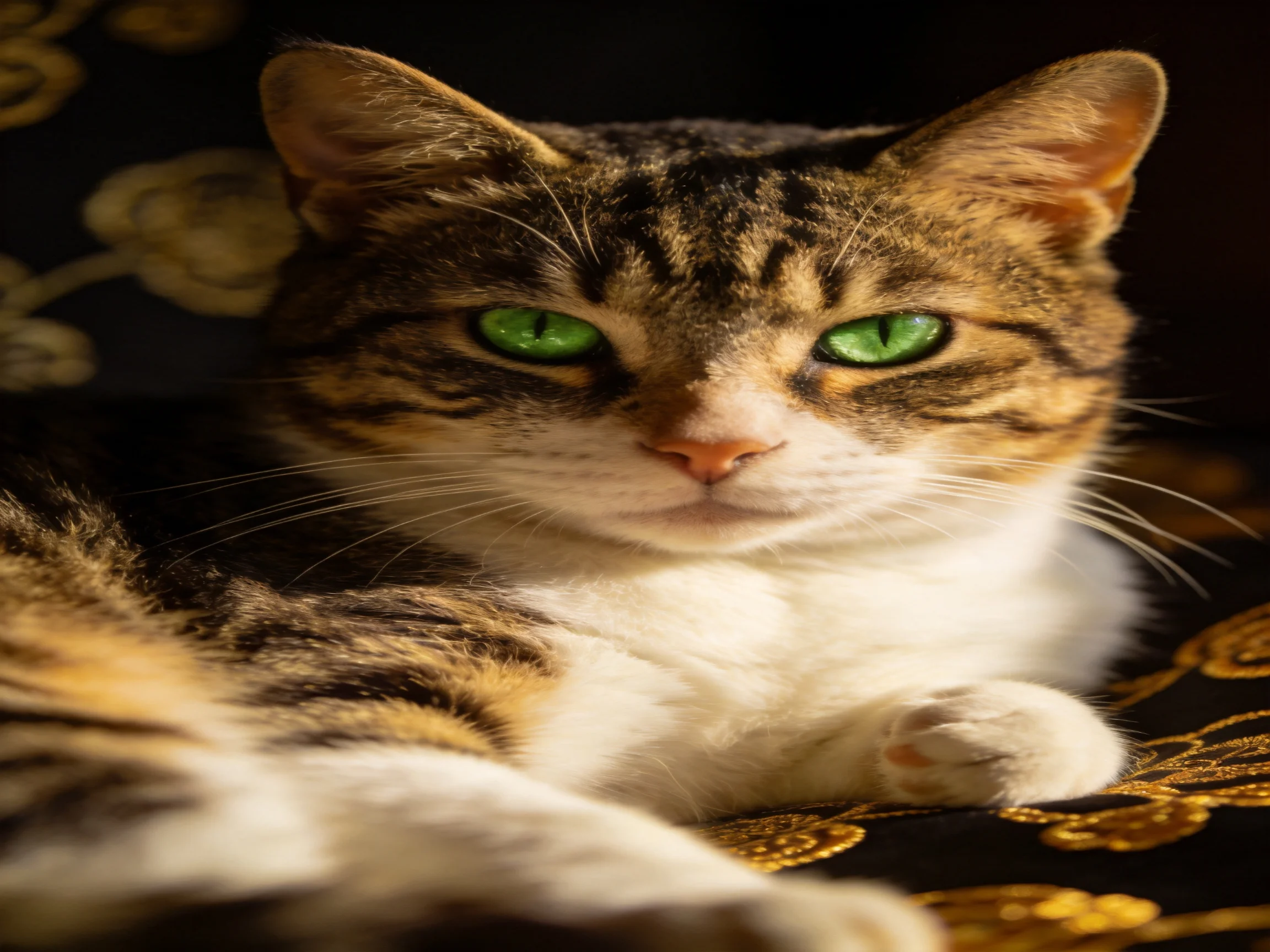 A tabby cat with bright green eyes relaxes on decorated fabric