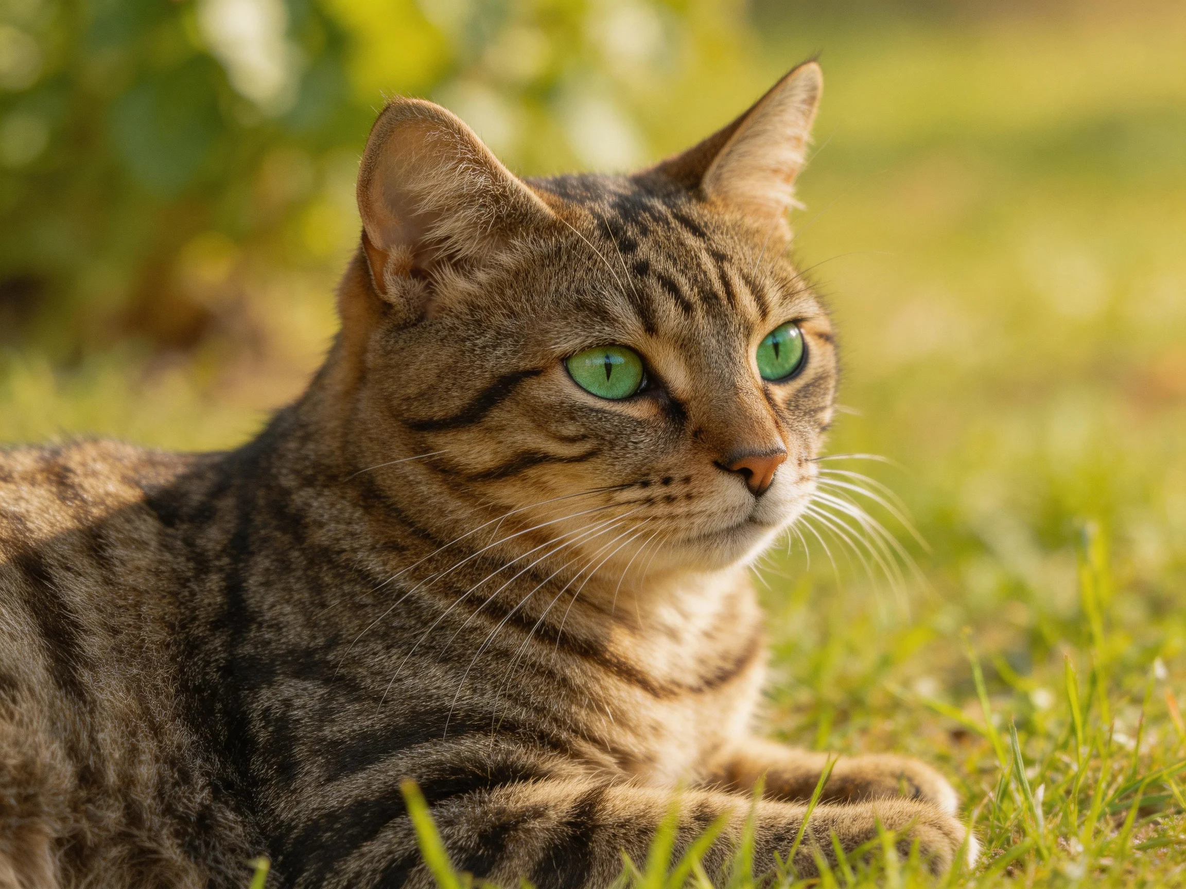 A tabby cat with green eyes relaxes on grass in a sunlit outdoor setting.