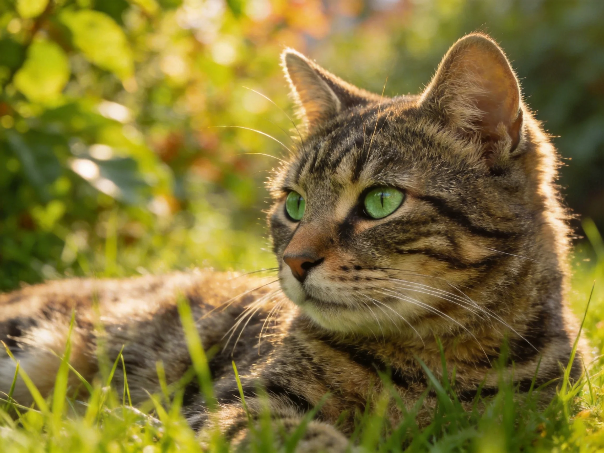 A tabby cat with green eyes relaxes on grass under a sunlit area