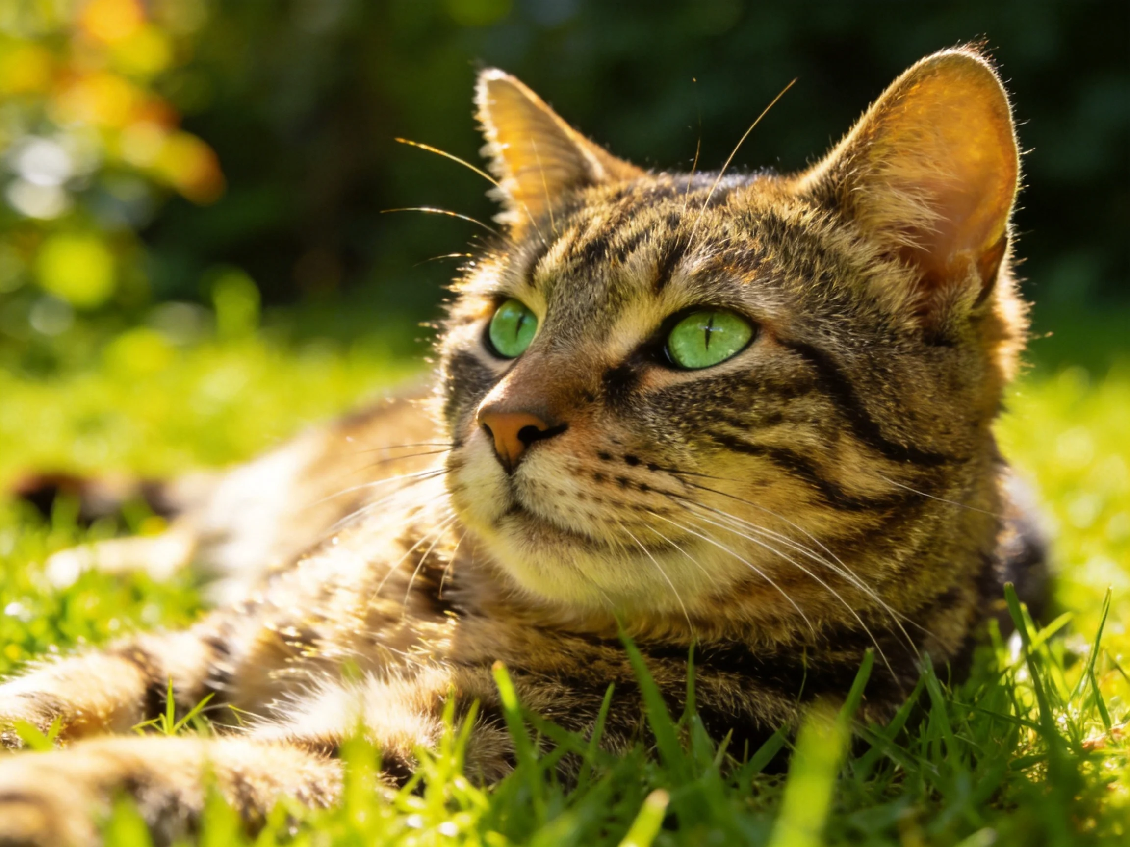 A tabby cat with green eyes lies on grass in a sunlit area.