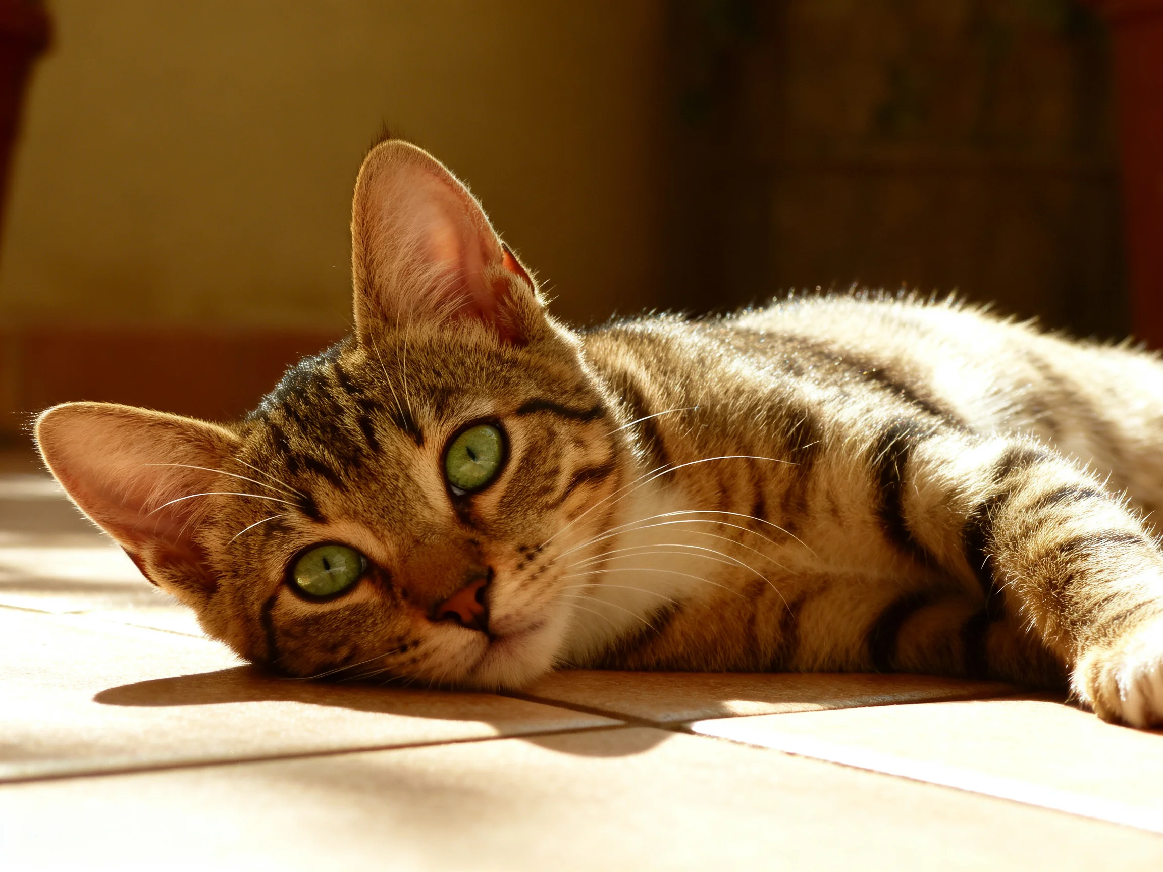 A tabby cat with green eyes relaxes on tiled flooring in sunlight.