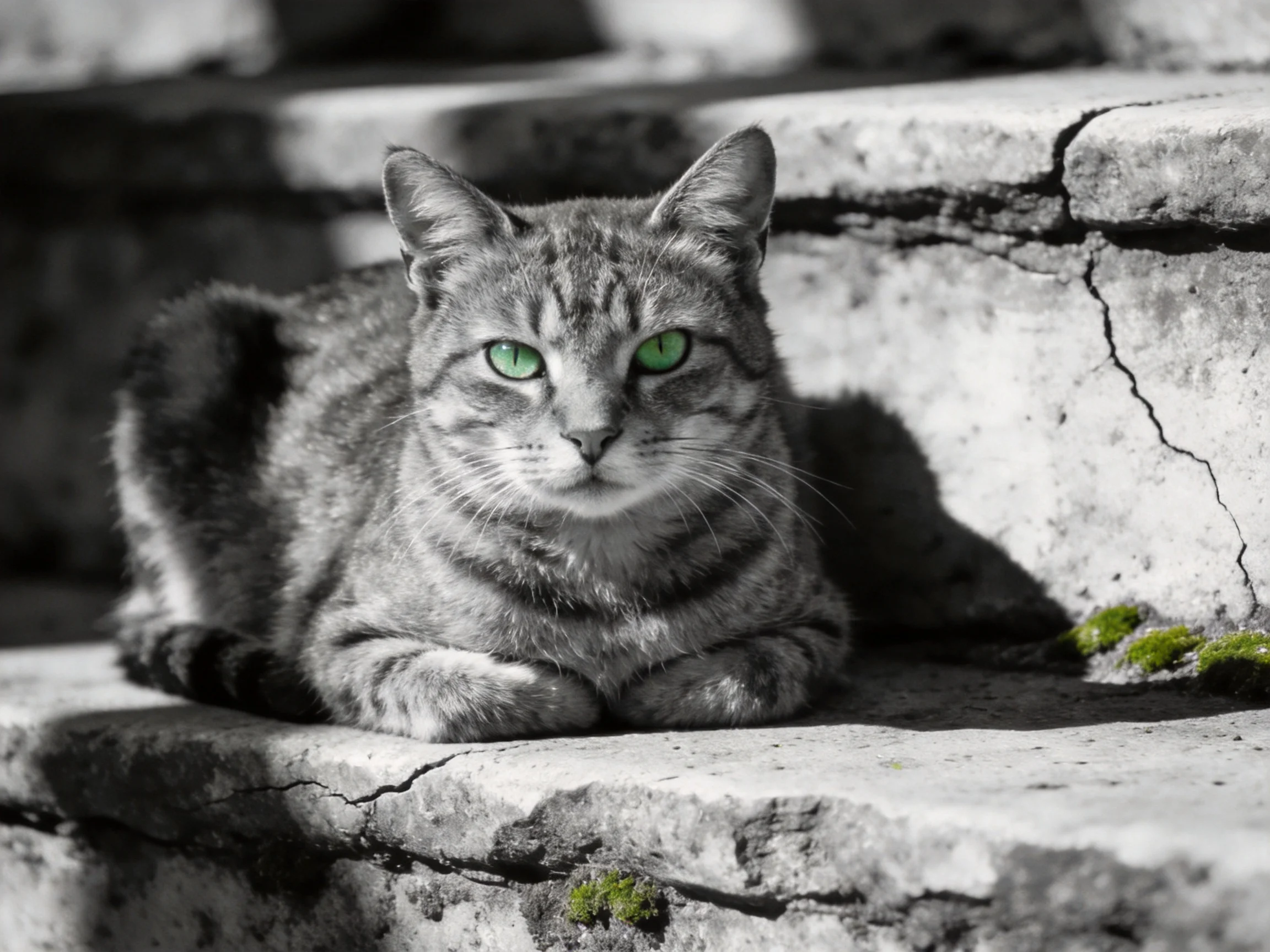 A tabby cat with bright green eyes sits on aged stone steps