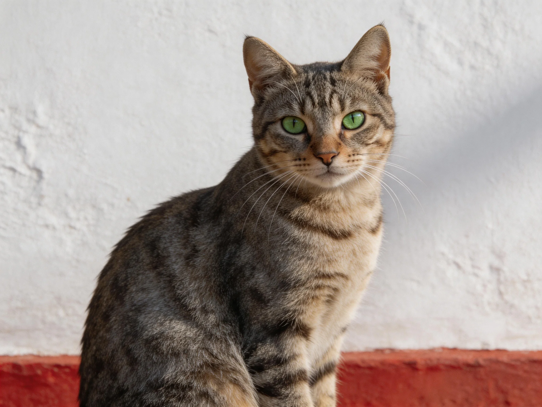 A tabby cat with green eyes sits near a white and red wall.
