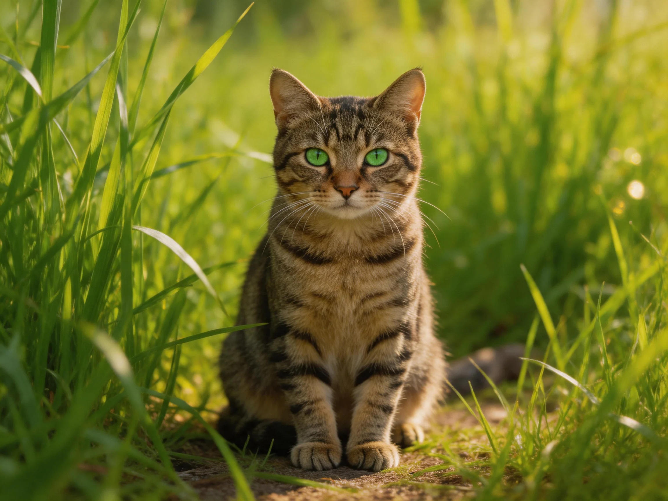 A tabby cat with green eyes sits calmly in a sunlit grassy area.