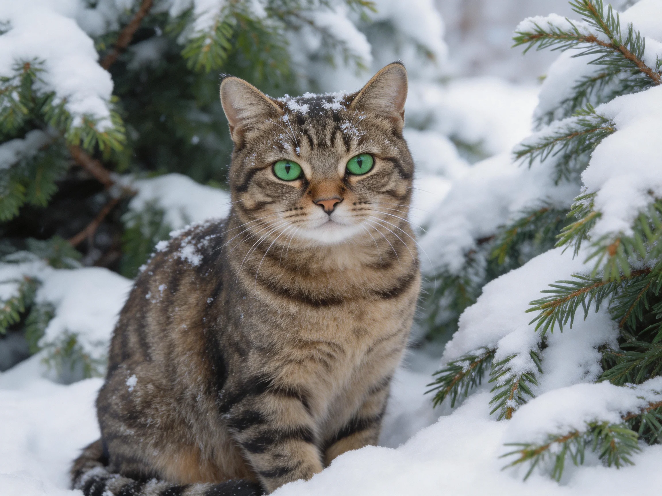 A tabby cat with green eyes rests among snow-laden evergreen trees.