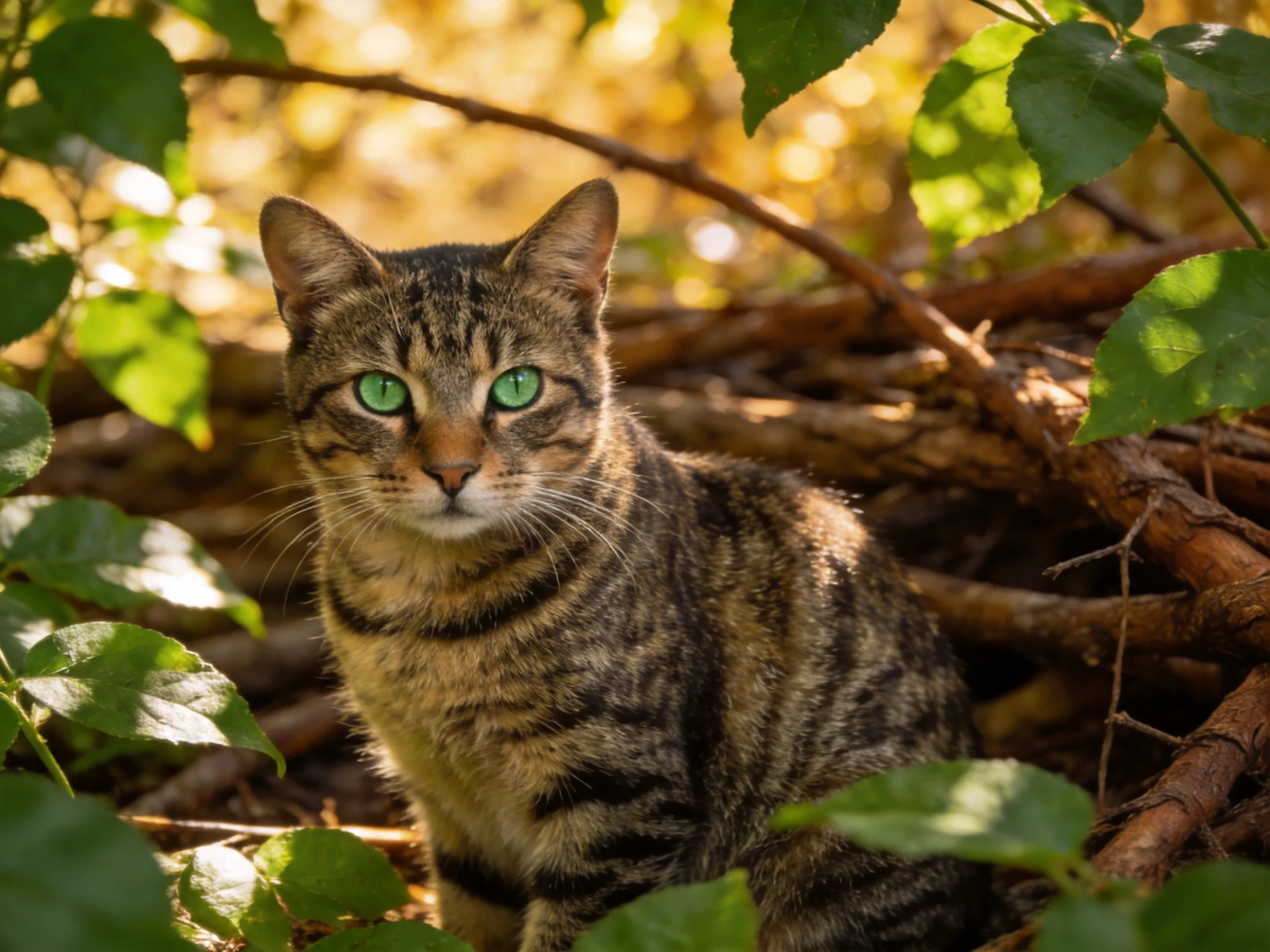 A tabby cat with green eyes rests among branches and leaves in a sunlit natural setting.