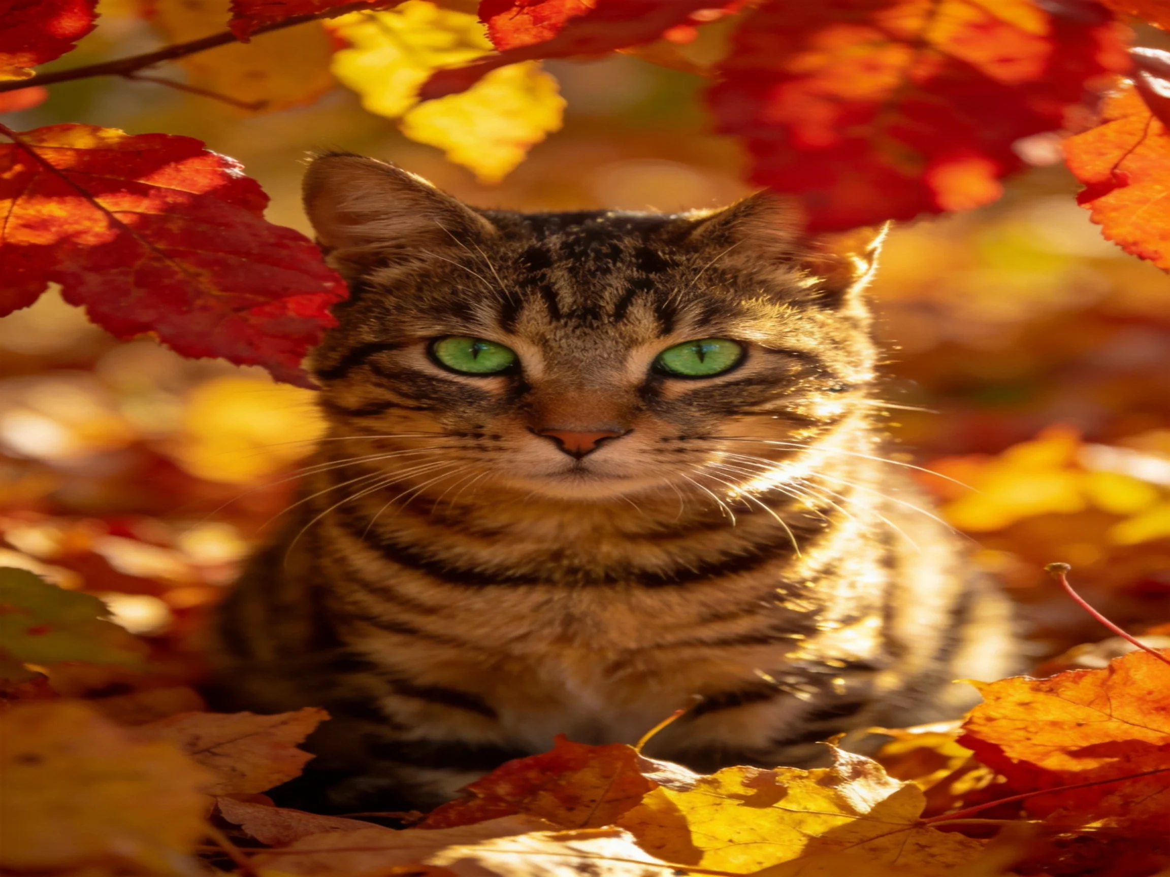 A tabby cat with green eyes is surrounded by colorful autumn leaves in a sunlit scene.