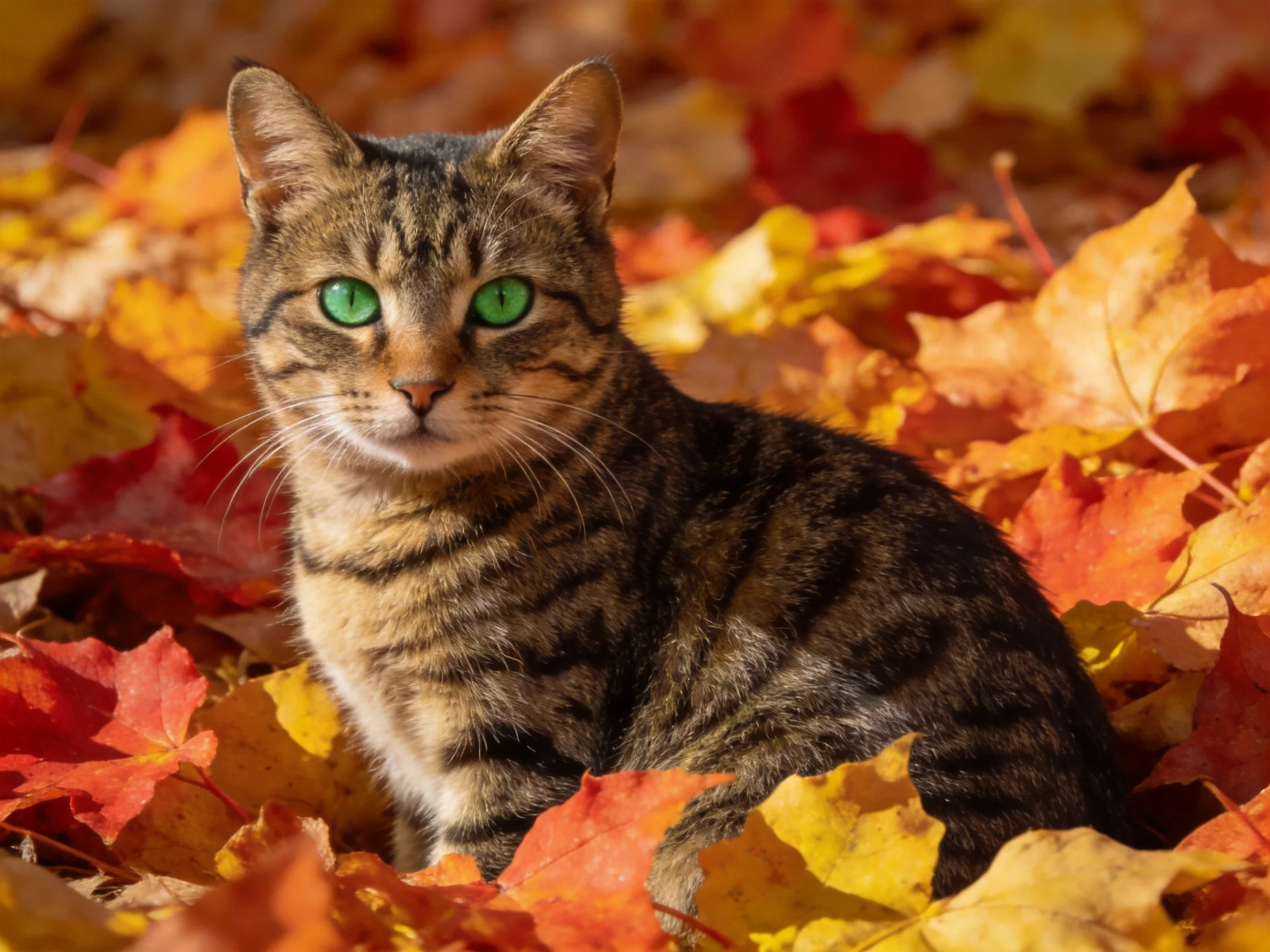 A tabby cat with green eyes rests among colorful autumn leaves
