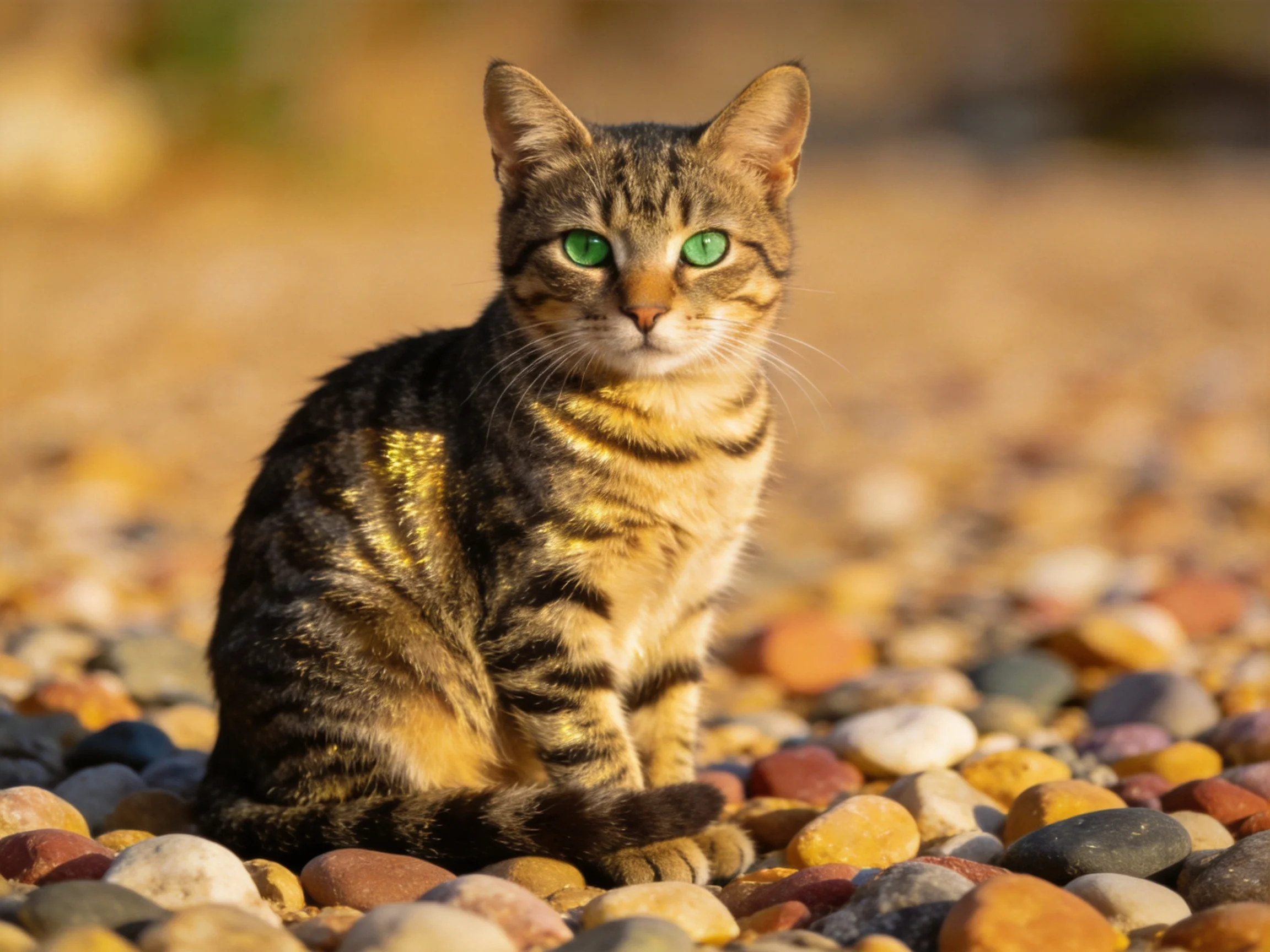 A tabby cat with green eyes sits calmly on multicolored pebbles outdoors.