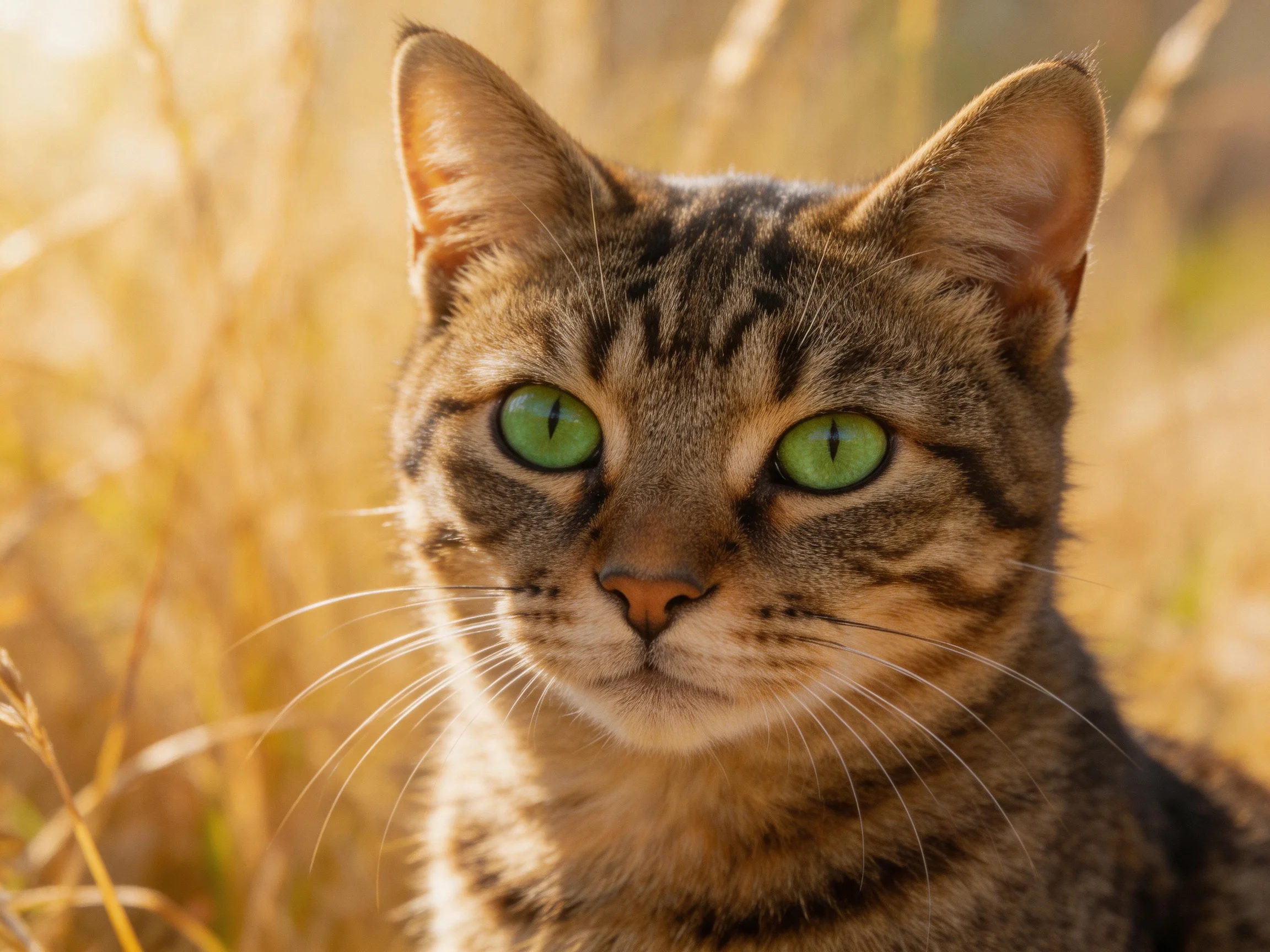 A tabby cat with green eyes is nestled in golden grass under sunlight.