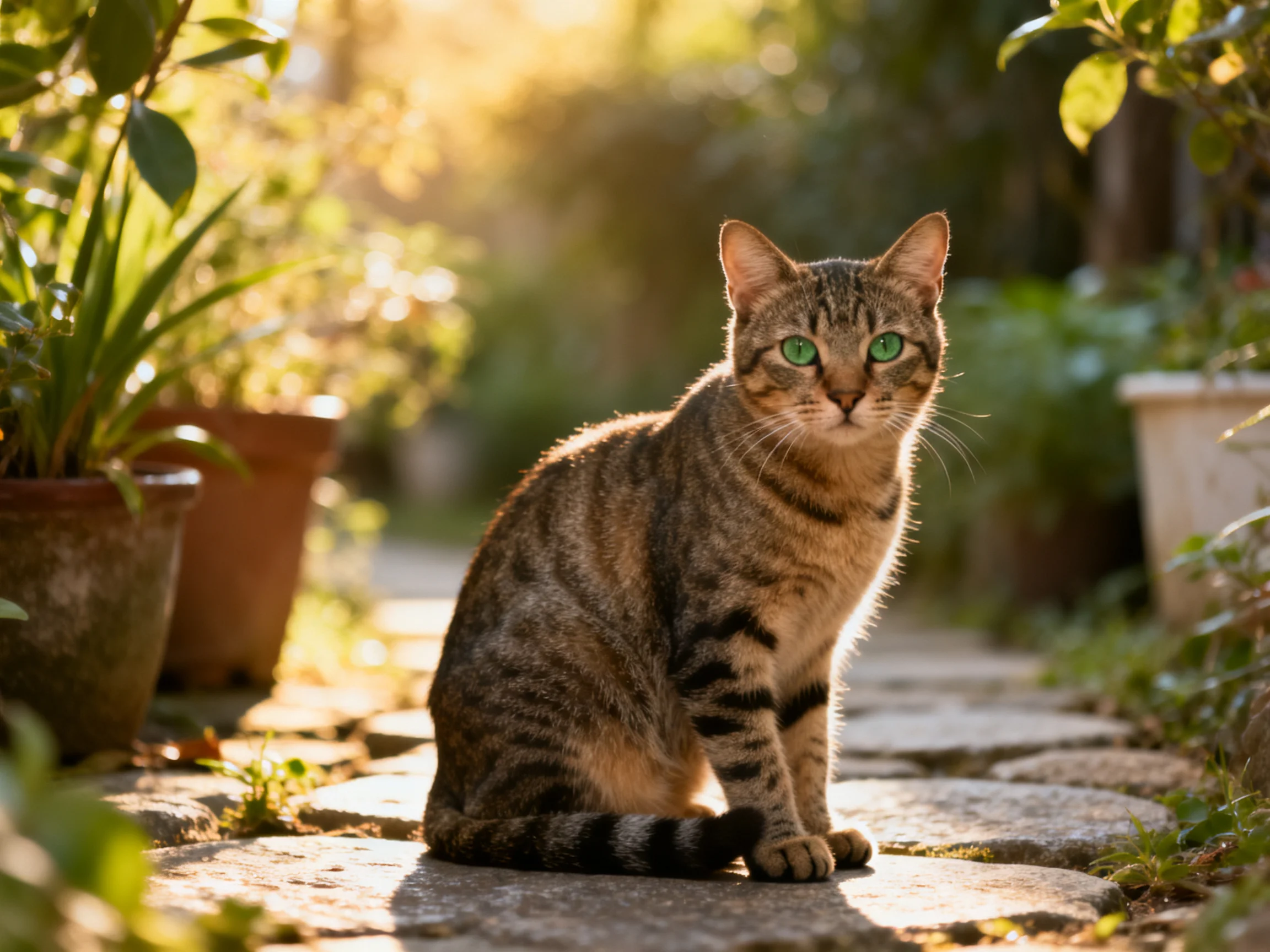 A tabby cat with bright green eyes rests on a stone path near potted plants.
