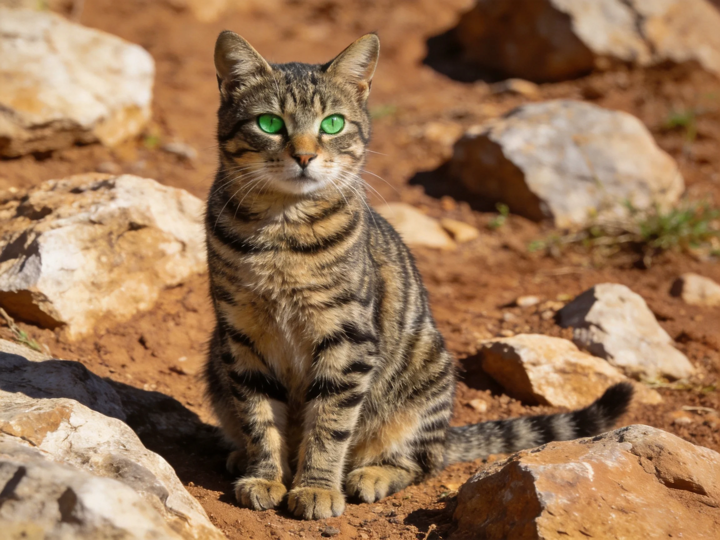 A tabby cat with green eyes sits amid rocks terrain on reddish soil.
