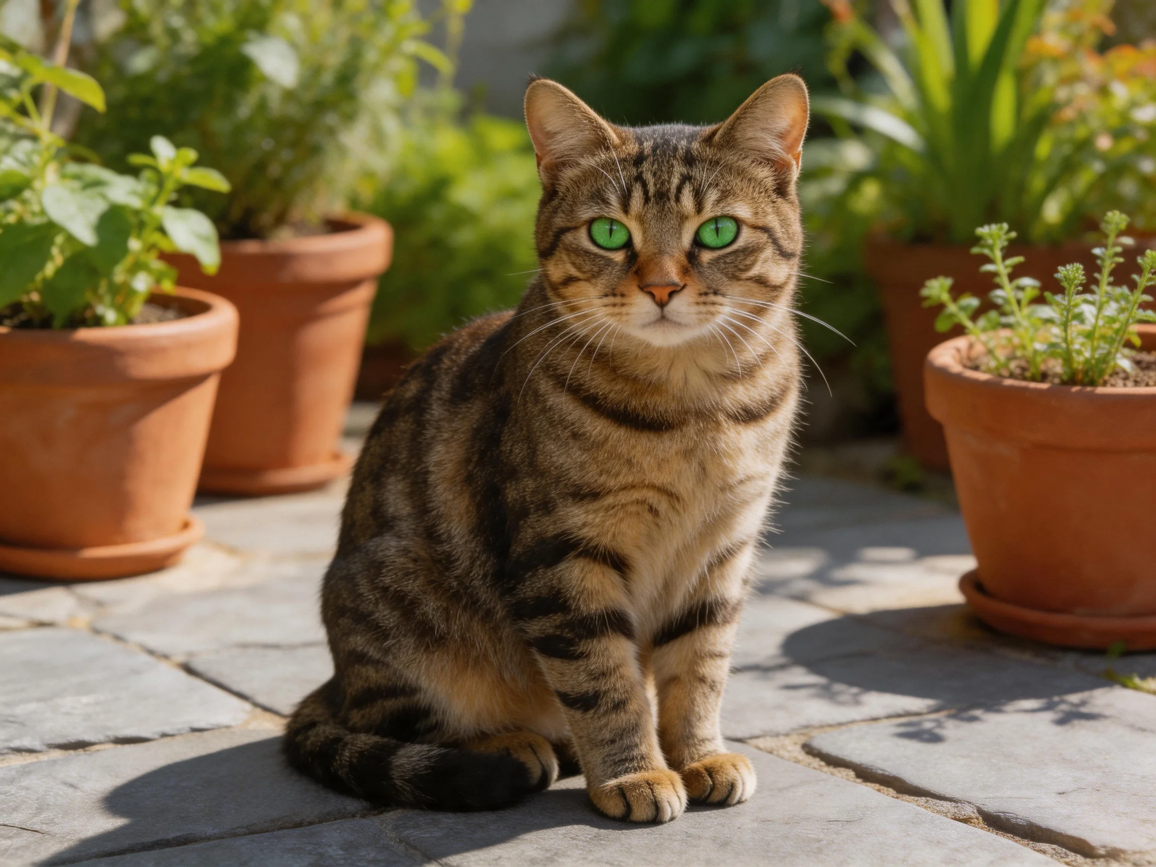A tabby cat with green eyes sits near potted plants in a sunlit outdoor space.