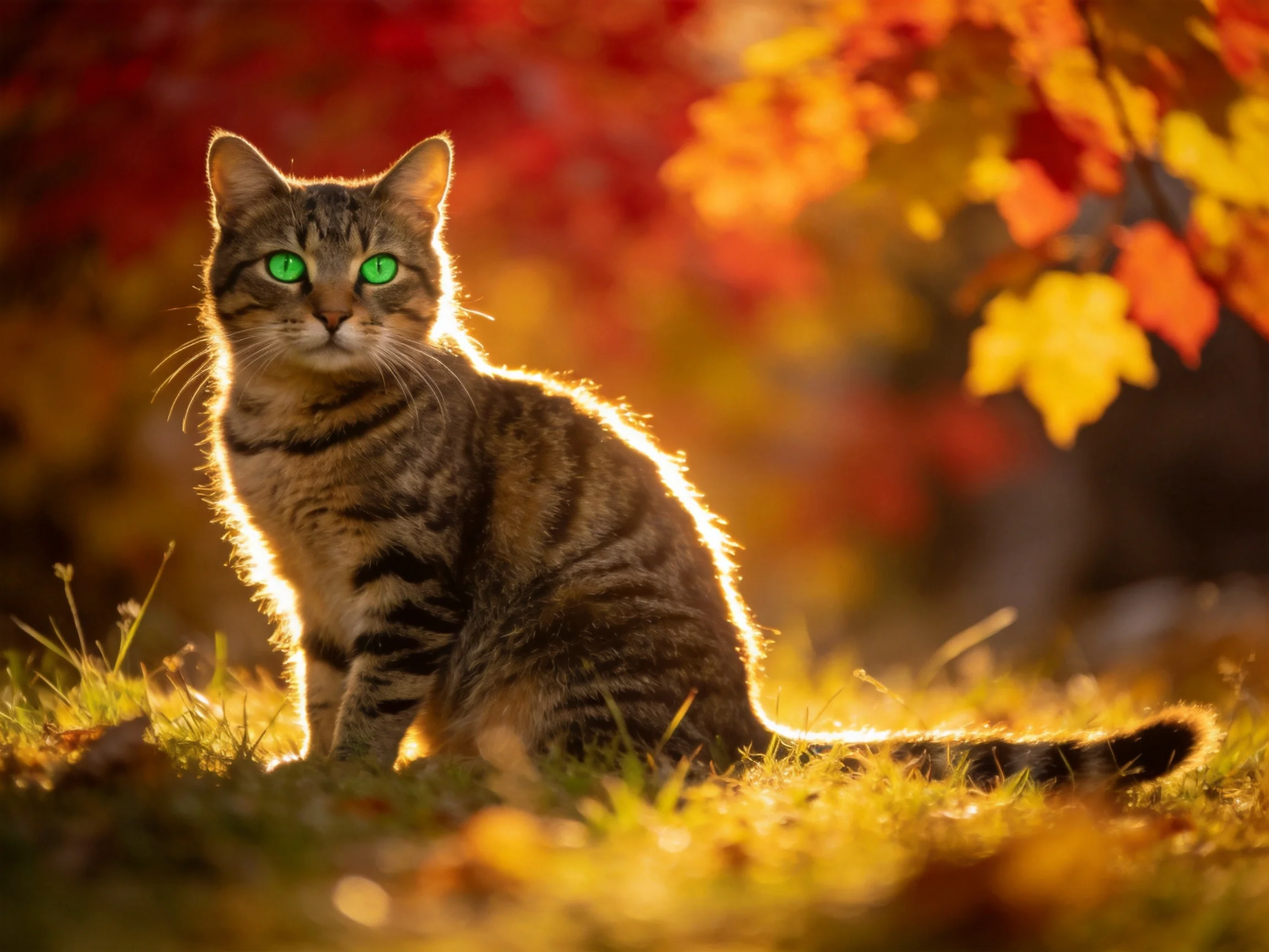A tabby cat with green eyes sits amid colorful autumn leaves in sunlight.