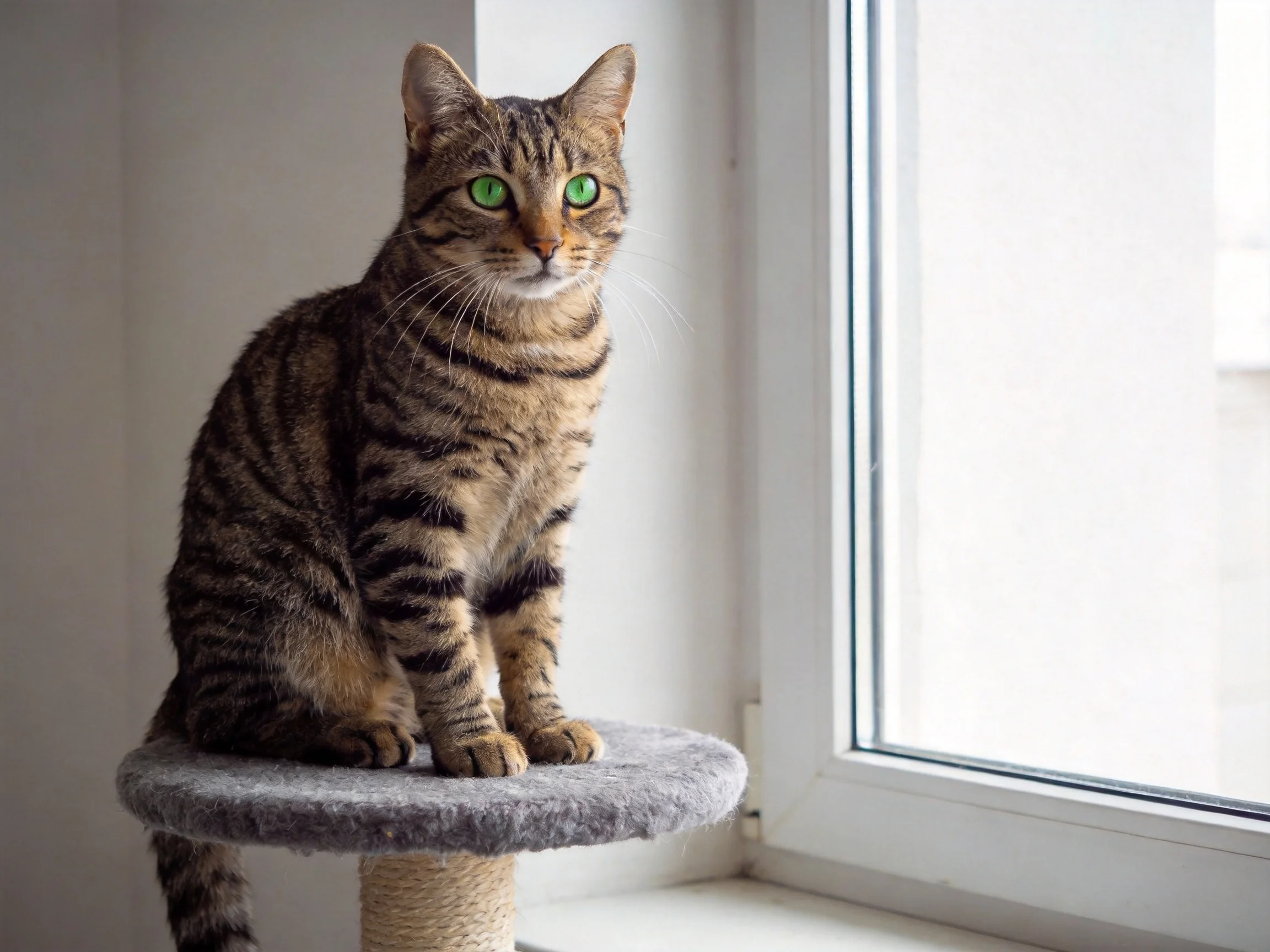 A tabby cat with green eyes sits calmly on a perch near a bright window.