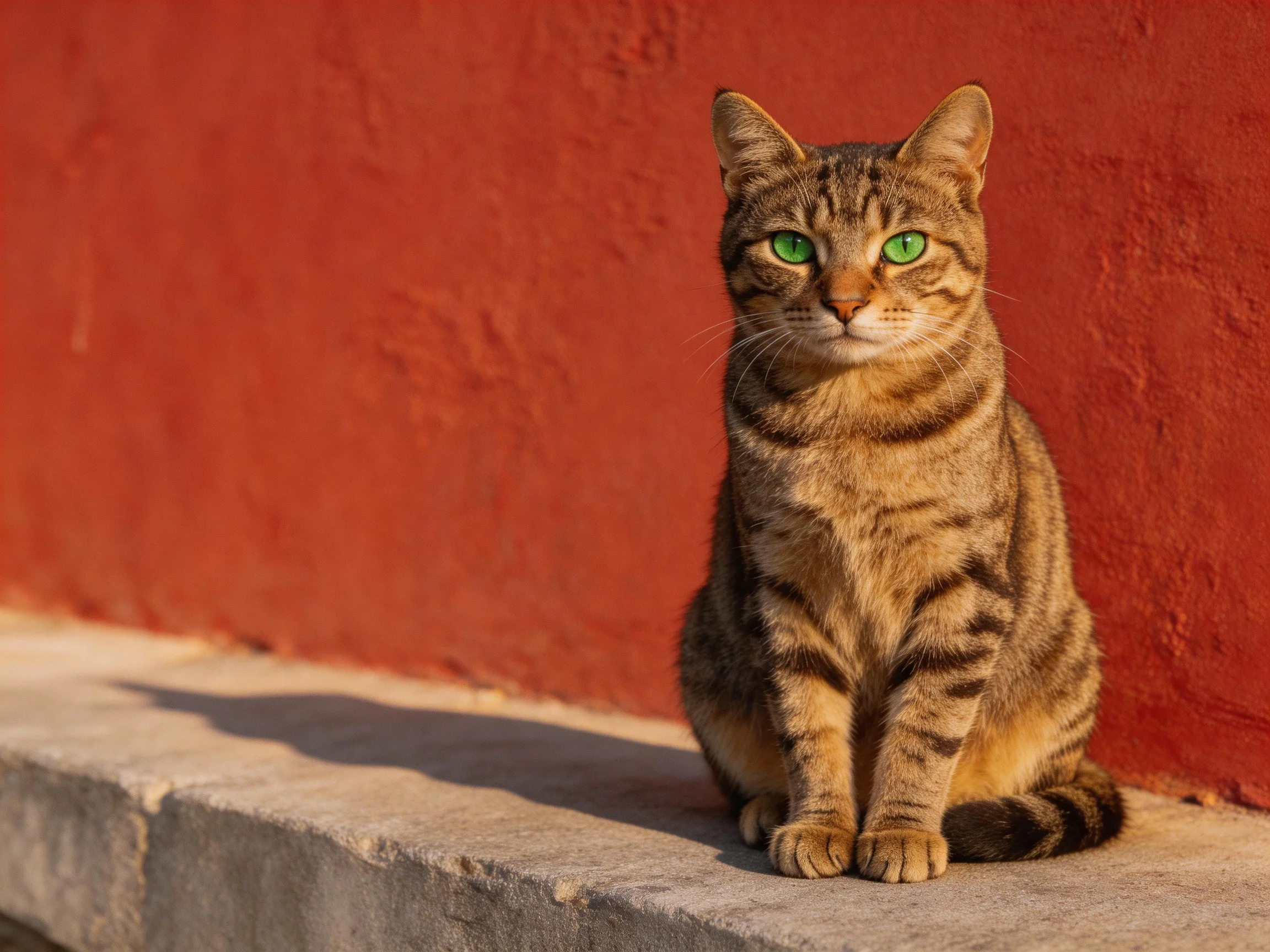 A tabby cat with green eyes sits calmly next to a red wall.