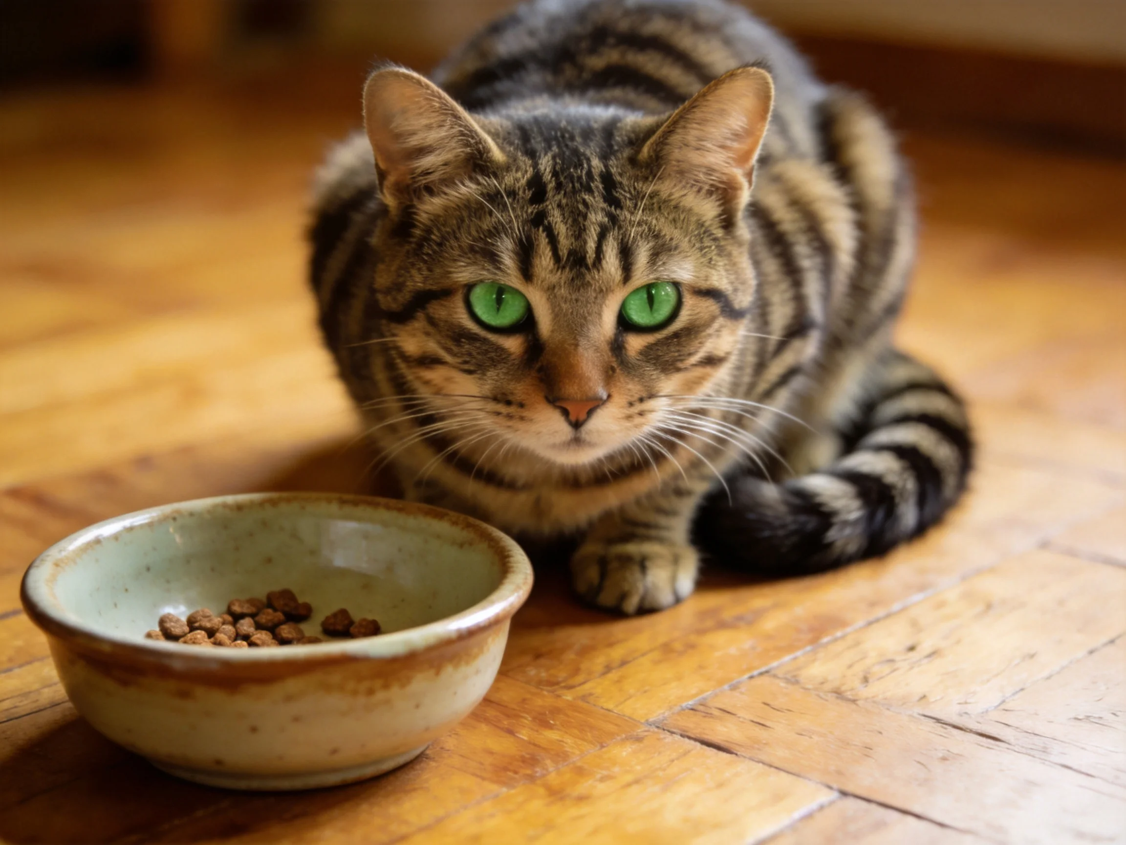 A tabby cat with green eyes is near a bowl of cat food on a wooden floor.