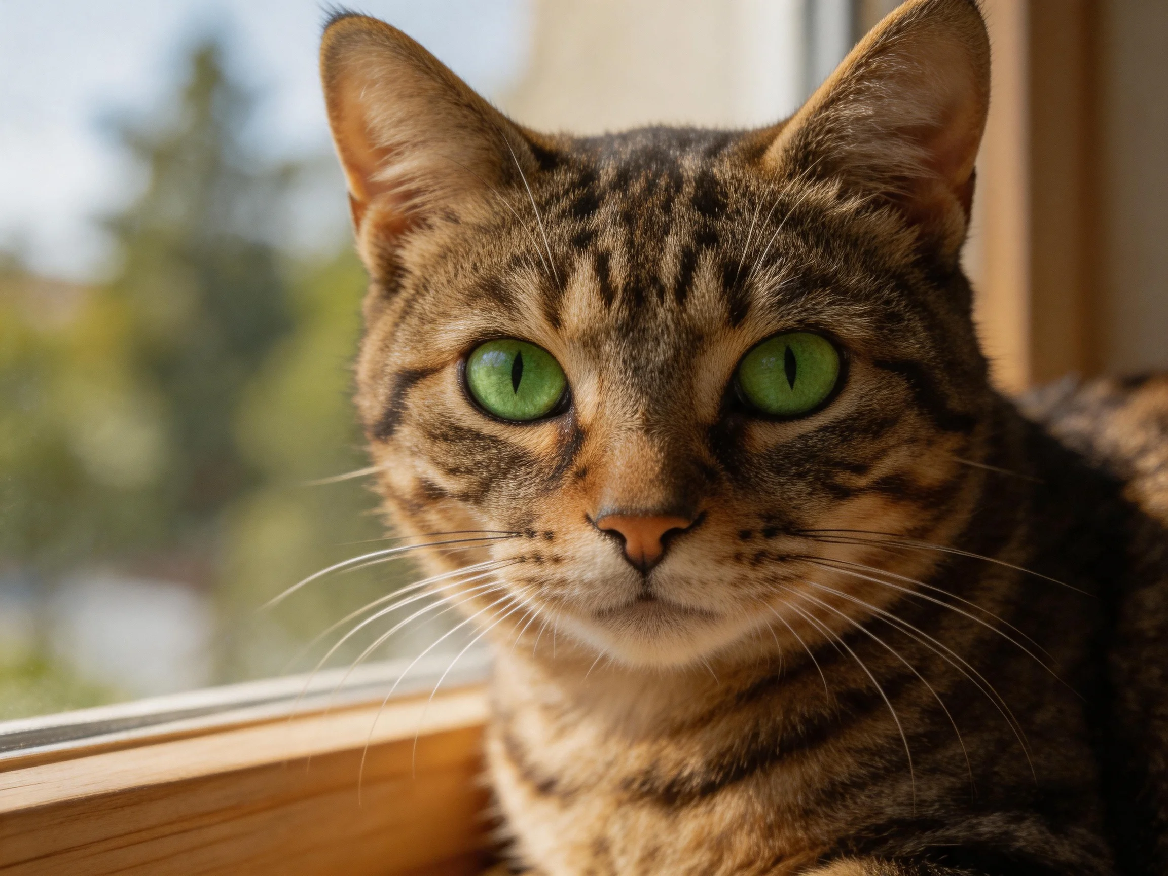 A tabby cat with green eyes sits near a sunlit window.